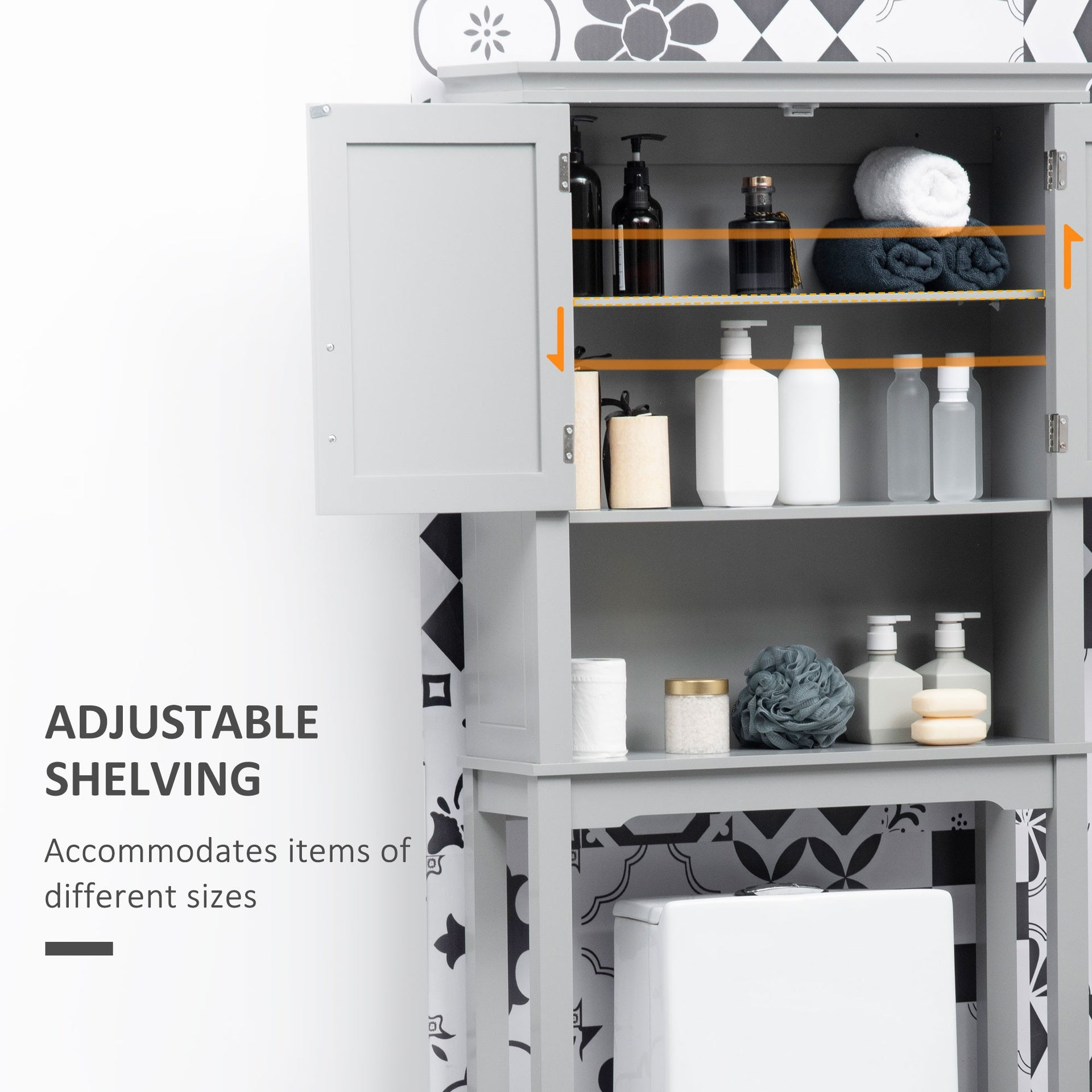 kleankin Modern Over The Toilet Storage Cabinet, Double Door Bathroom Organizer with Inner Adjustable Shelf and Open Shelf, Gray