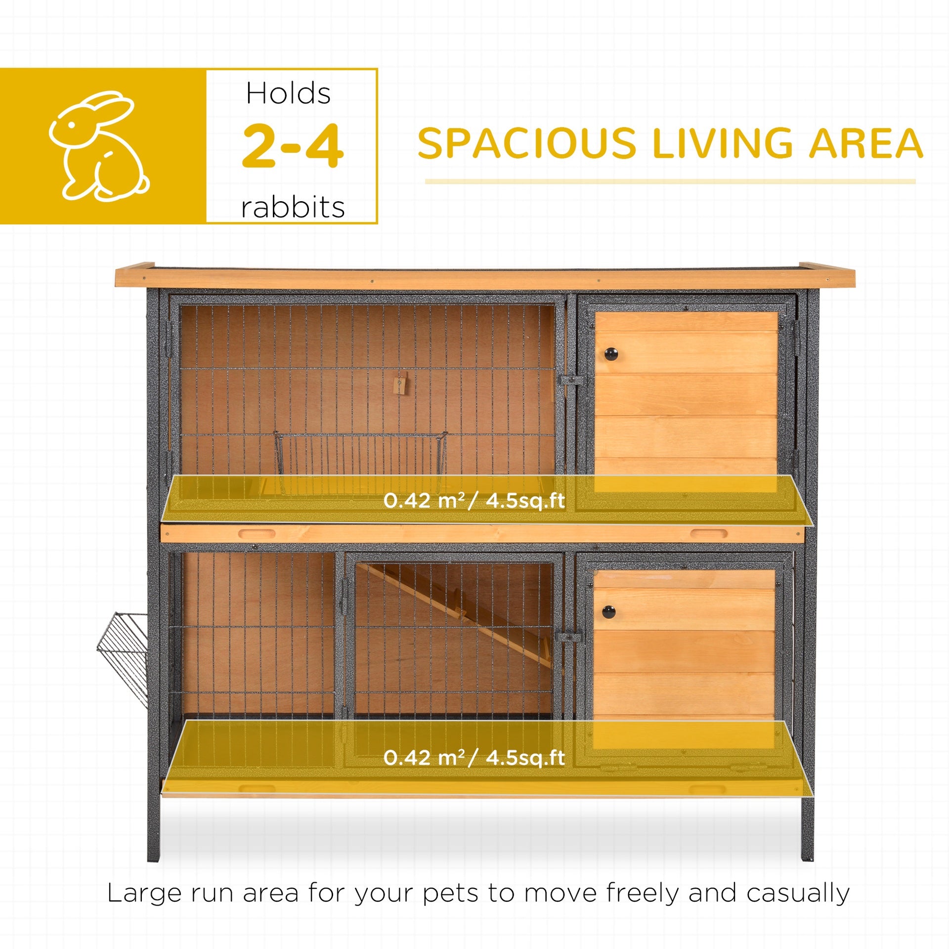 PawHut 48" 2-Story Large Rabbit Hutch Bunny Cage Wooden Pet House Metal Frame with Rooms, Ramp, No Leak Tray, Feeding Trough, Waterproof Asphalt Roof for Rabbits, Chickens, Ducks, Outdoor/Indoor