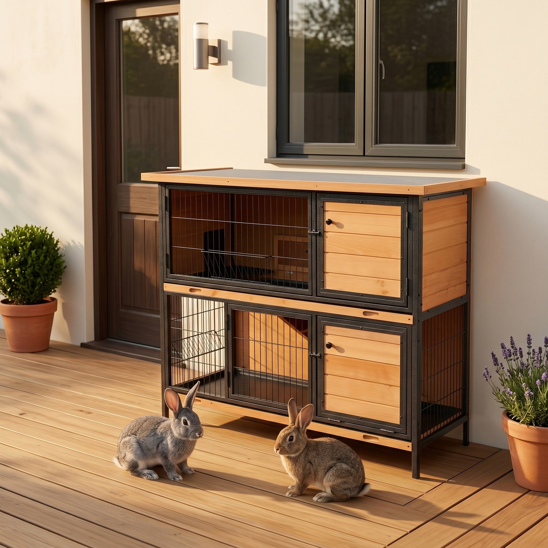 PawHut 48" 2-Story Large Rabbit Hutch Bunny Cage Wooden Pet House Metal Frame with Rooms, Ramp, No Leak Tray, Feeding Trough, Waterproof Asphalt Roof for Rabbits, Chickens, Ducks, Outdoor/Indoor