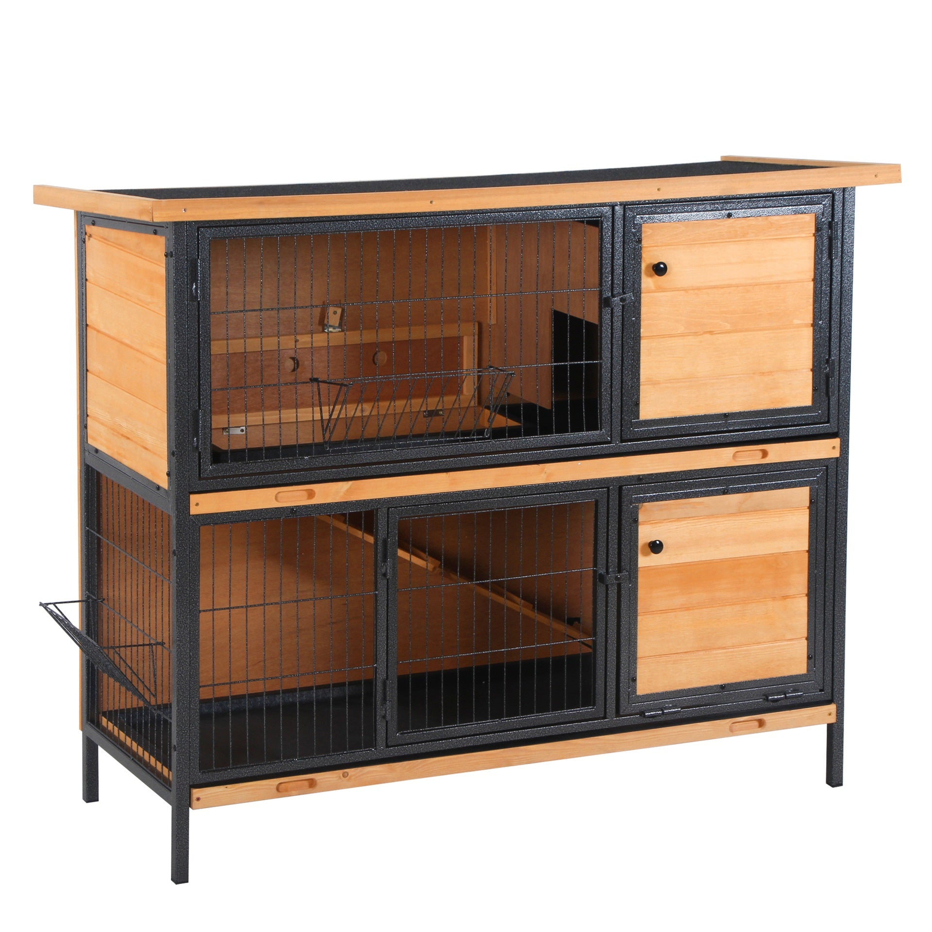 PawHut 48" 2-Story Large Rabbit Hutch Bunny Cage Wooden Pet House Metal Frame with Rooms, Ramp, No Leak Tray, Feeding Trough, Waterproof Asphalt Roof for Rabbits, Chickens, Ducks, Outdoor/Indoor