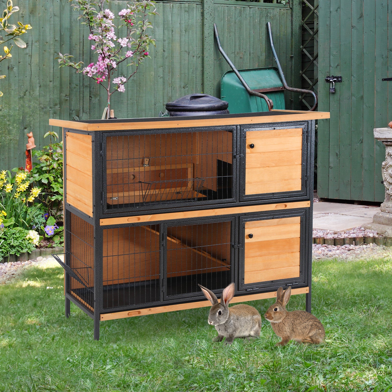 PawHut 48" 2-Story Large Rabbit Hutch Bunny Cage Wooden Pet House Metal Frame with Rooms, Ramp, No Leak Tray, Feeding Trough, Waterproof Asphalt Roof for Rabbits, Chickens, Ducks, Outdoor/Indoor
