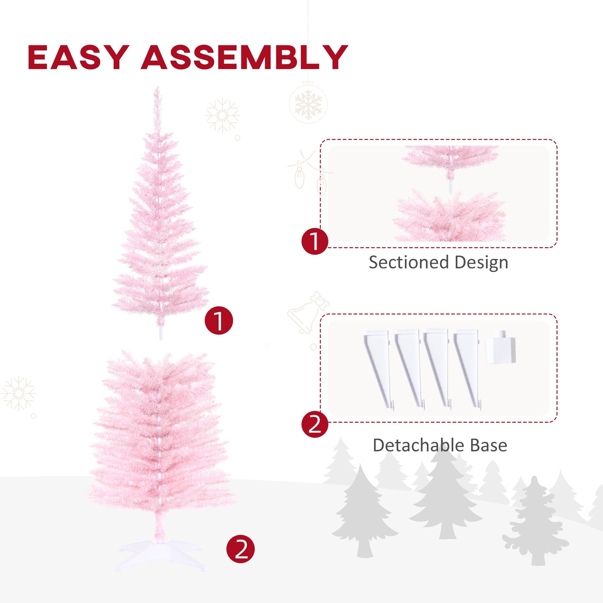 HOMCOM 5' Artificial Pencil Christmas Tree, Slim Xmas Tree with 294 Realistic Branch Tips and Plastic Stand, Pink