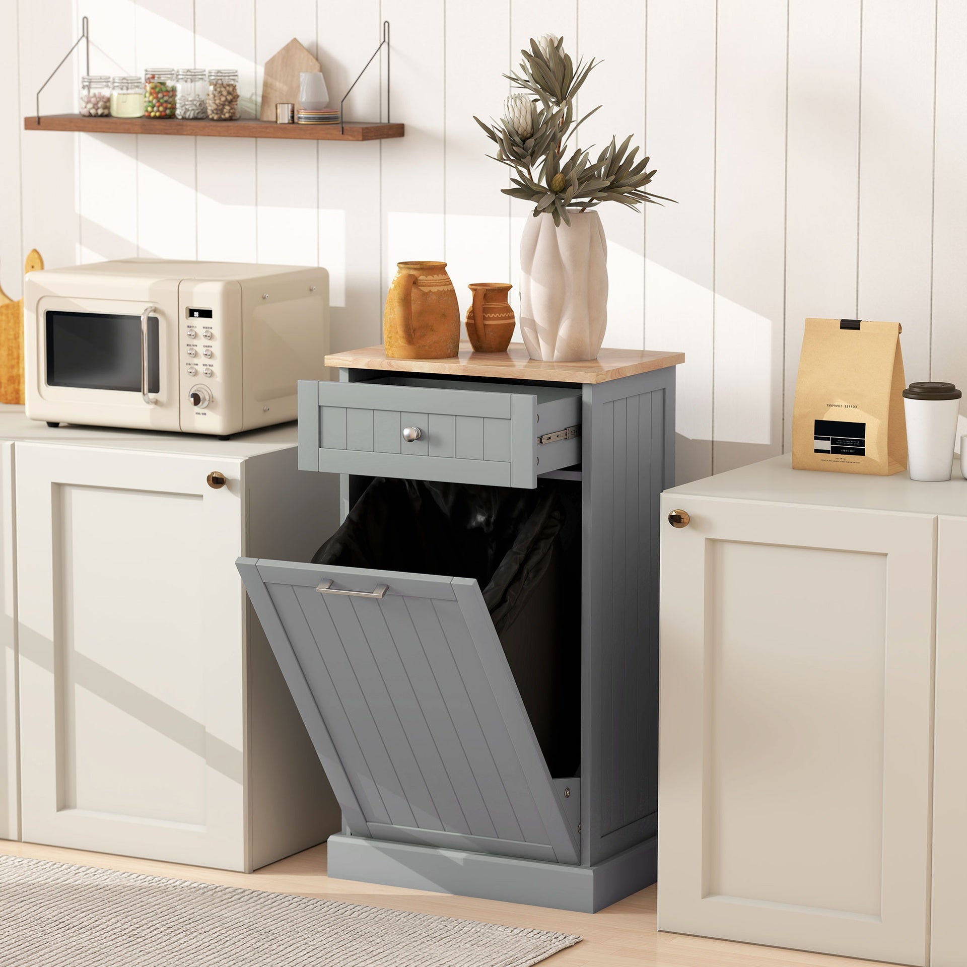 HOMCOM 10 Gallon Tilt Out Trash Cabinet, Wooden Hidden Trash Can with Storage Drawer for Kitchen, Laundry Hamper Cabinet for Bathroom, Gray