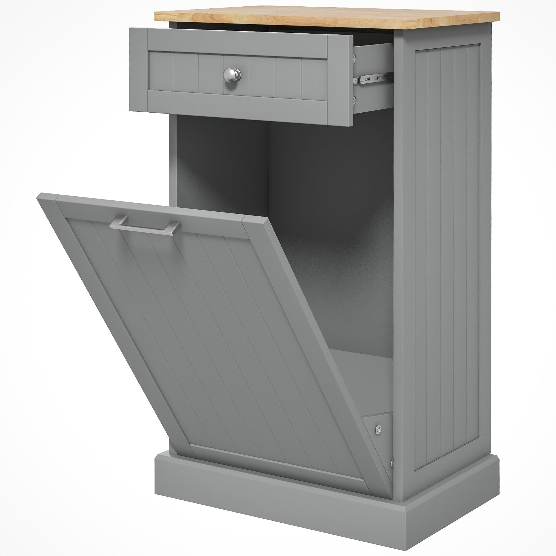 HOMCOM 10 Gallon Tilt Out Trash Cabinet, Wooden Hidden Trash Can with Storage Drawer for Kitchen, Laundry Hamper Cabinet for Bathroom, Gray