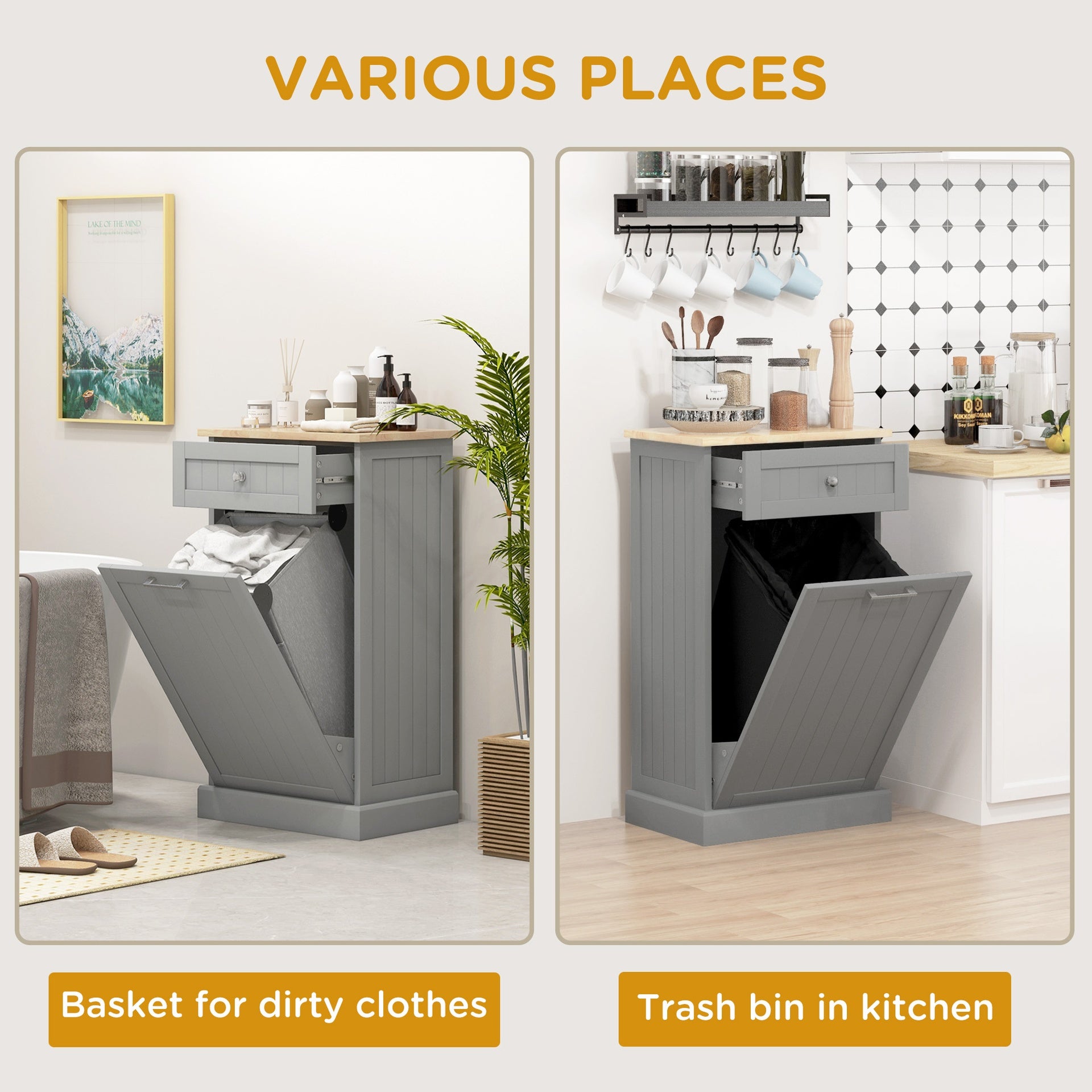 HOMCOM 10 Gallon Tilt Out Trash Cabinet, Wooden Hidden Trash Can with Storage Drawer for Kitchen, Laundry Hamper Cabinet for Bathroom, Gray