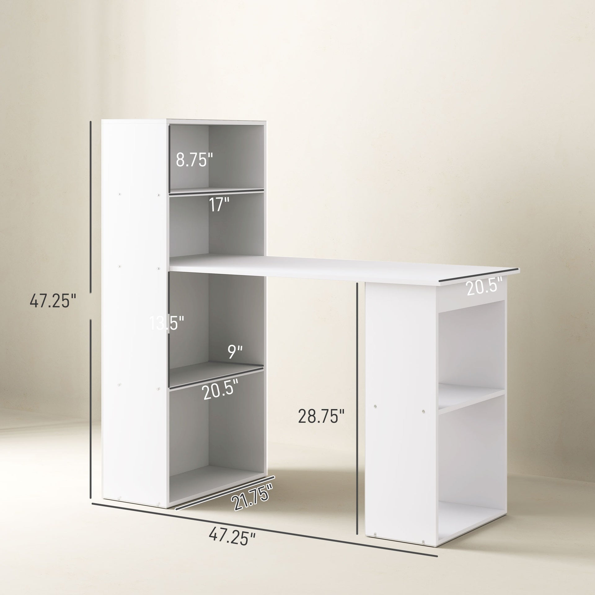 HOMCOM Computer Desk with 6-Tier Storage Shelves, Writing Desk Workstation with Bookshelf for Home Office, White