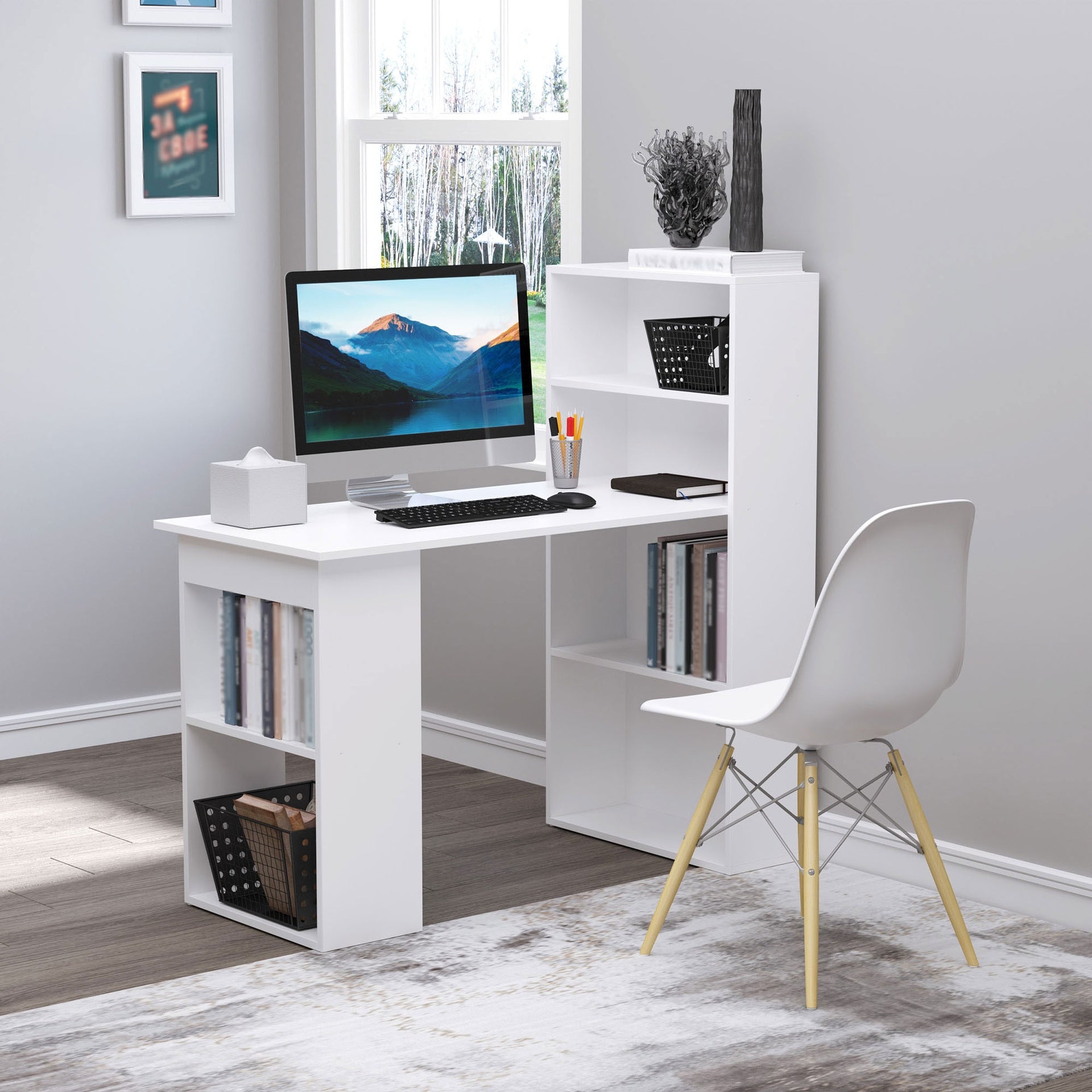 HOMCOM Computer Desk with 6-Tier Storage Shelves, Writing Desk Workstation with Bookshelf for Home Office, White