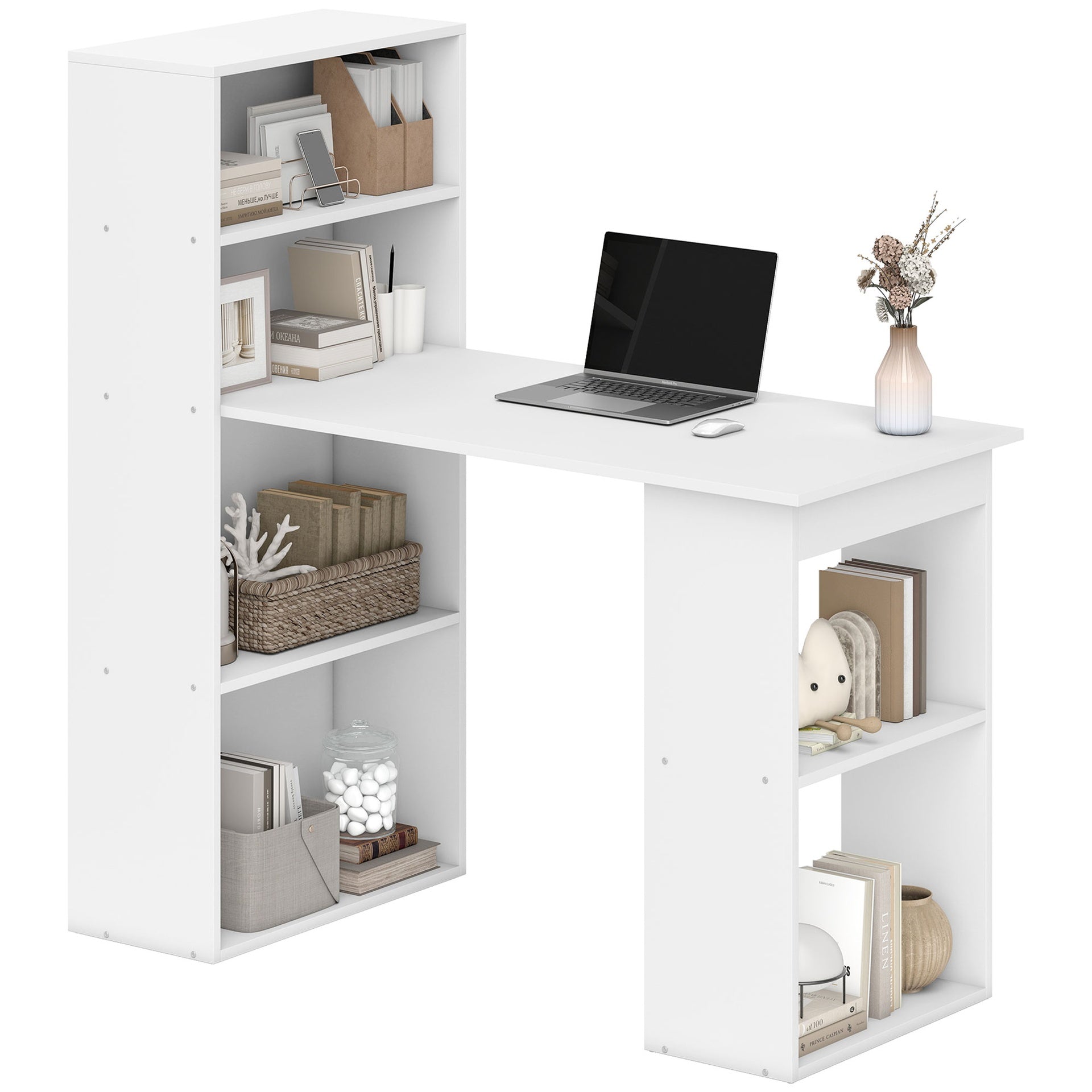 HOMCOM Computer Desk with 6-Tier Storage Shelves, Writing Desk Workstation with Bookshelf for Home Office, White