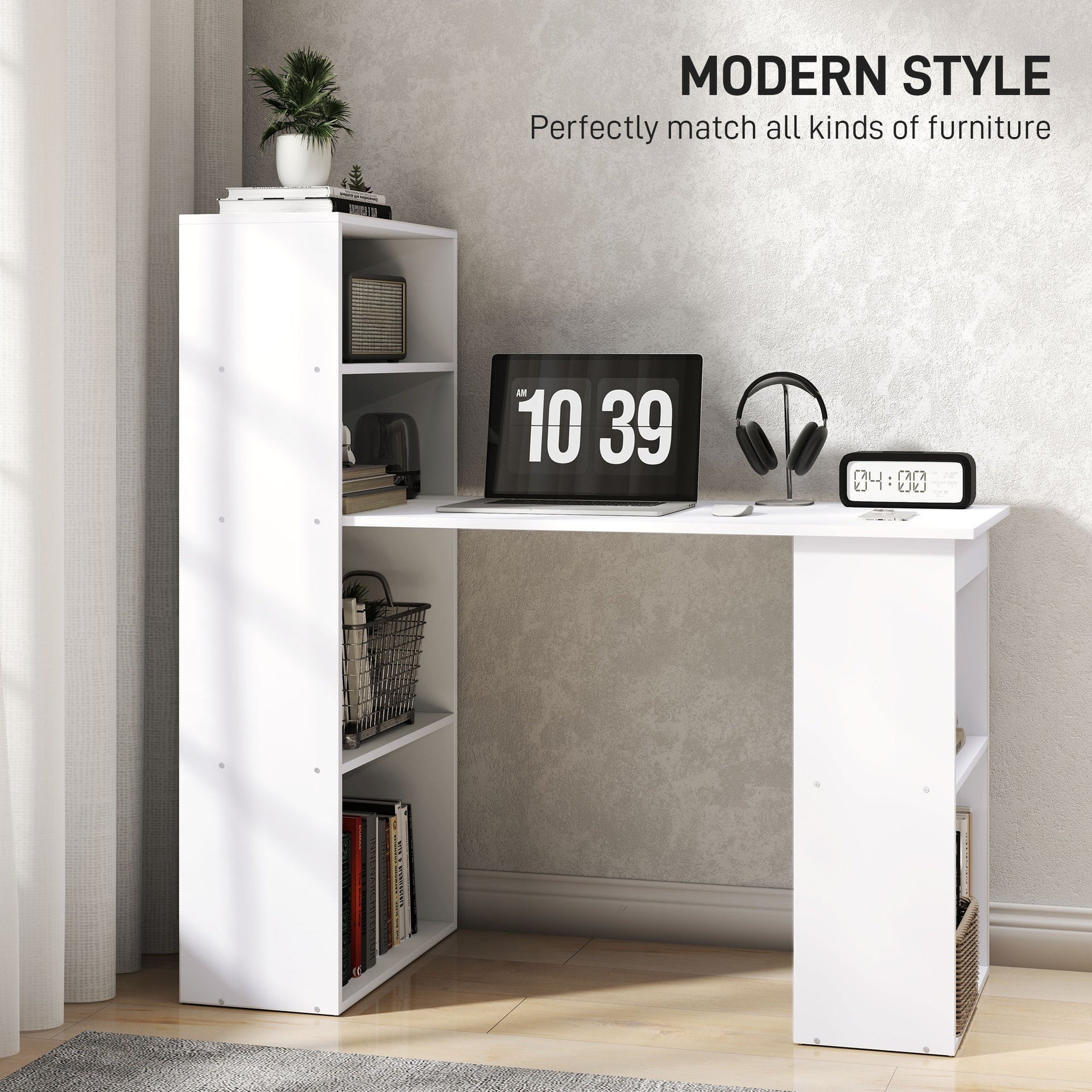 HOMCOM Computer Desk with 6-Tier Storage Shelves, Writing Desk Workstation with Bookshelf for Home Office, White