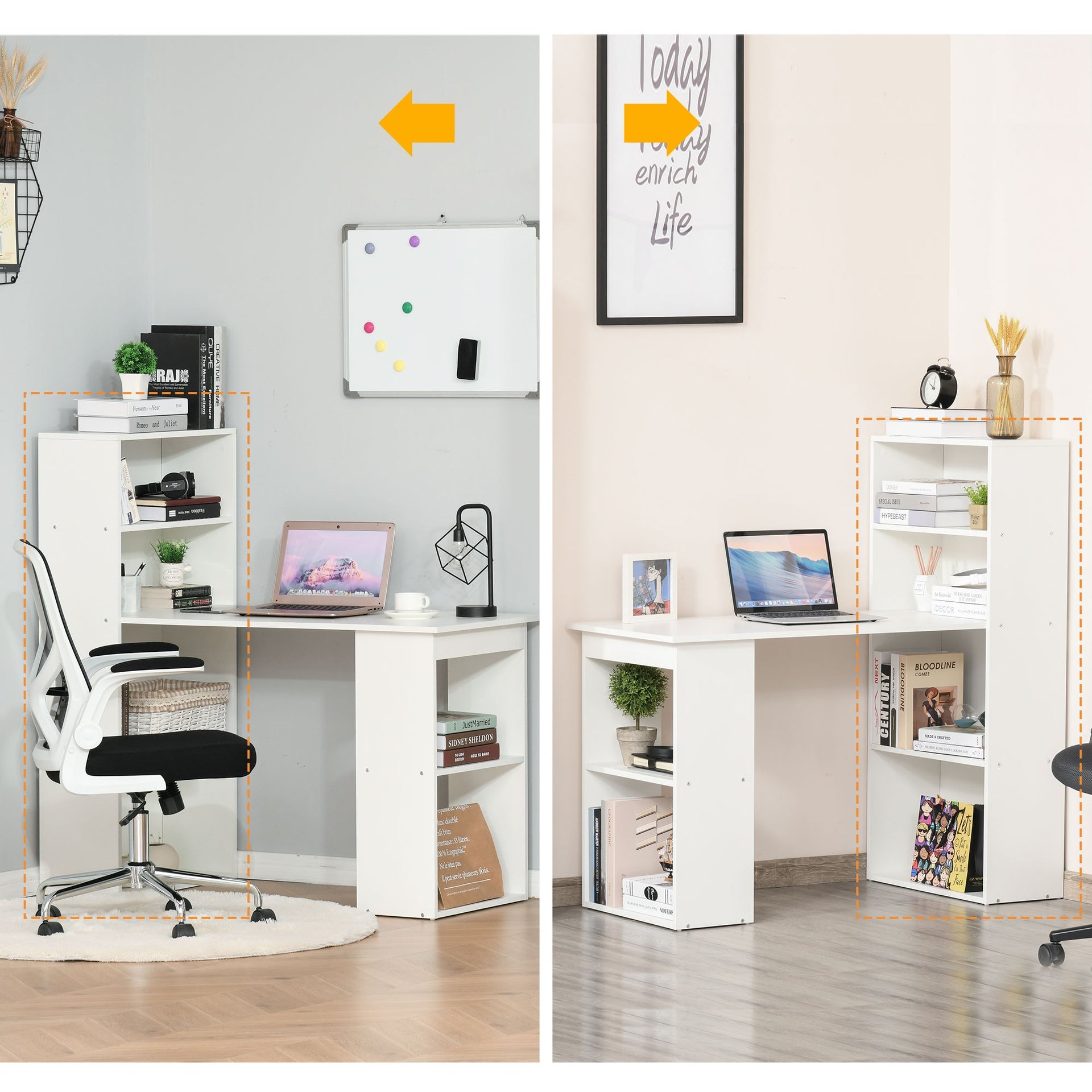 HOMCOM Computer Desk with 6-Tier Storage Shelves, Writing Desk Workstation with Bookshelf for Home Office, White