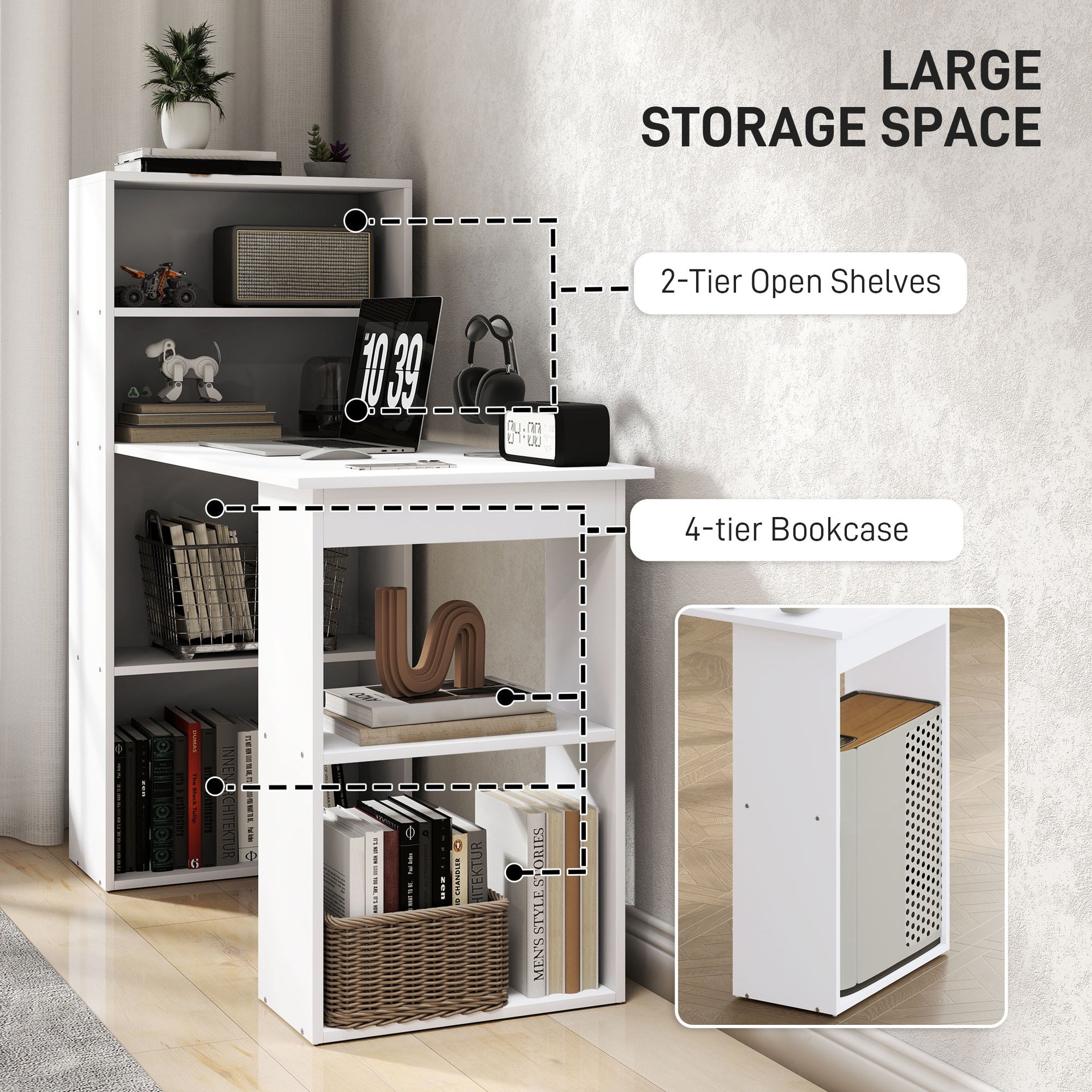 HOMCOM Computer Desk with 6-Tier Storage Shelves, Writing Desk Workstation with Bookshelf for Home Office, White