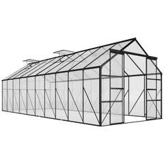 Outsunny 20' x 8' Aluminum Greenhouse Polycarbonate Walk-in Garden Greenhouse Kit with Adjustable Roof Vent, Rain Gutter and Sliding Door for Winter, Clear
