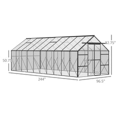 Outsunny 20' x 8' Aluminum Greenhouse Polycarbonate Walk-in Garden Greenhouse Kit with Adjustable Roof Vent, Rain Gutter and Sliding Door for Winter, Clear