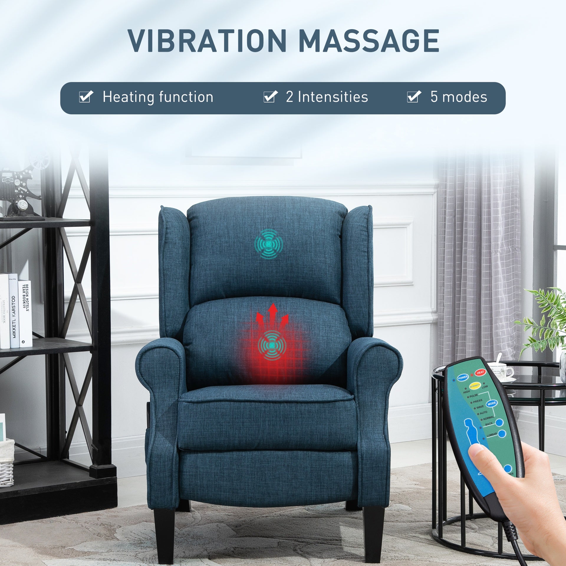 HOMCOM Vibration Massage Recliner Chair for Living Room with Heat,  Wingback Single Sofa, Modern Linen Fabric Push Back Reclining Chair with Footrest, Side Pocket,  Dark Blue