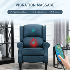 HOMCOM Vibration Massage Recliner Chair for Living Room with Heat,  Wingback Single Sofa, Modern Linen Fabric Push Back Reclining Chair with Footrest, Side Pocket,  Dark Blue