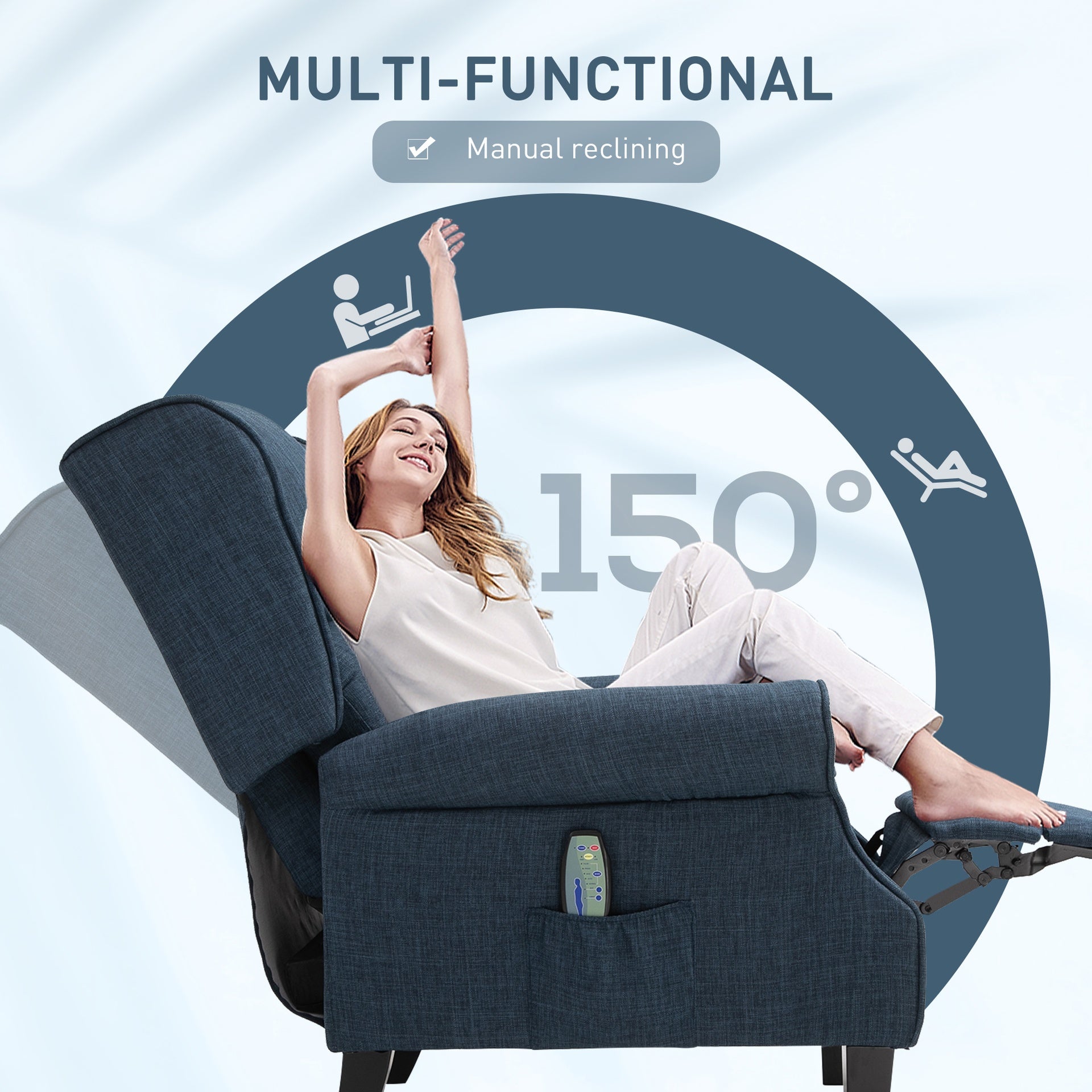 HOMCOM Vibration Massage Recliner Chair for Living Room with Heat,  Wingback Single Sofa, Modern Linen Fabric Push Back Reclining Chair with Footrest, Side Pocket,  Dark Blue