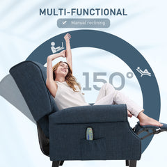 HOMCOM Vibration Massage Recliner Chair for Living Room with Heat,  Wingback Single Sofa, Modern Linen Fabric Push Back Reclining Chair with Footrest, Side Pocket,  Dark Blue