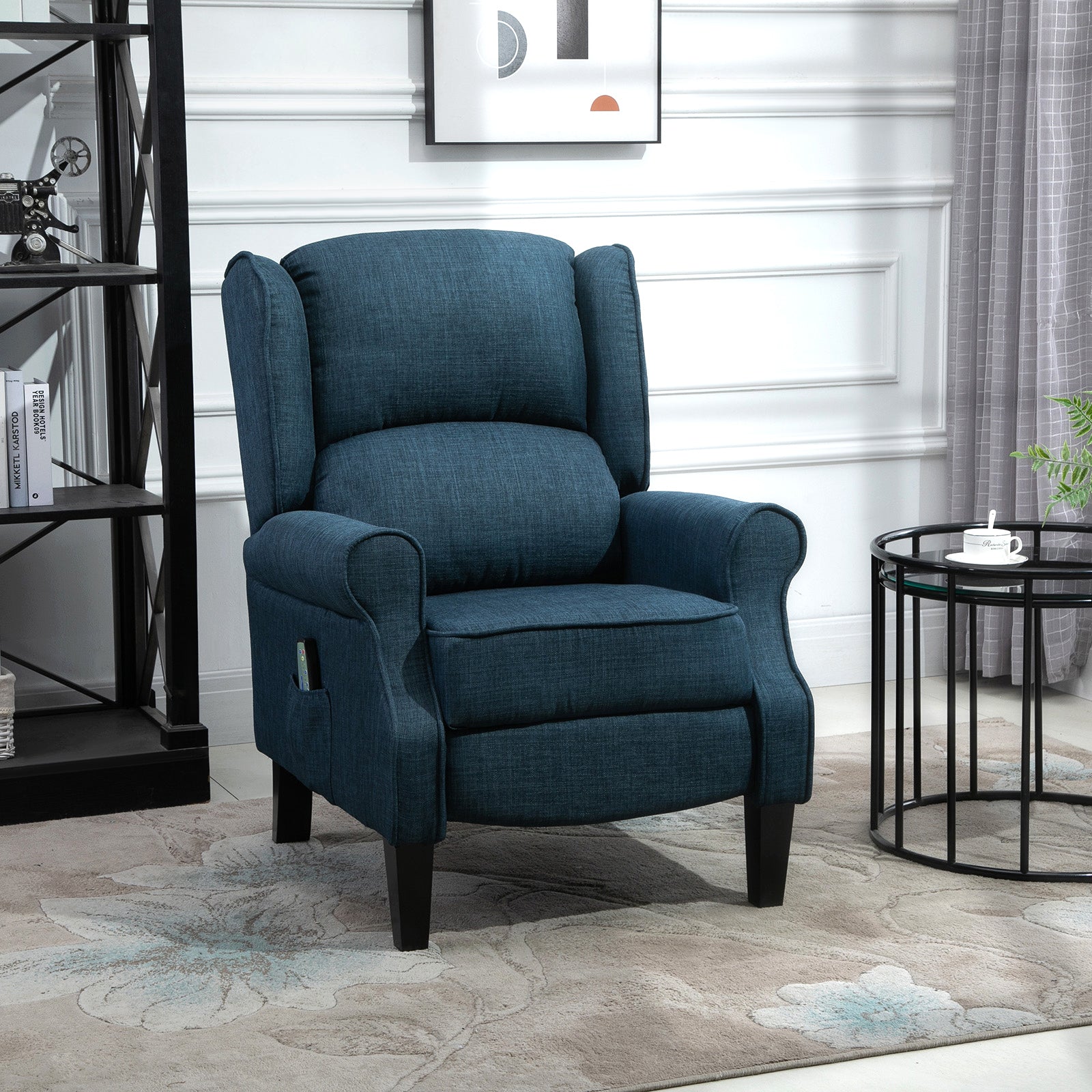 HOMCOM Vibration Massage Recliner Chair for Living Room with Heat,  Wingback Single Sofa, Modern Linen Fabric Push Back Reclining Chair with Footrest, Side Pocket,  Dark Blue