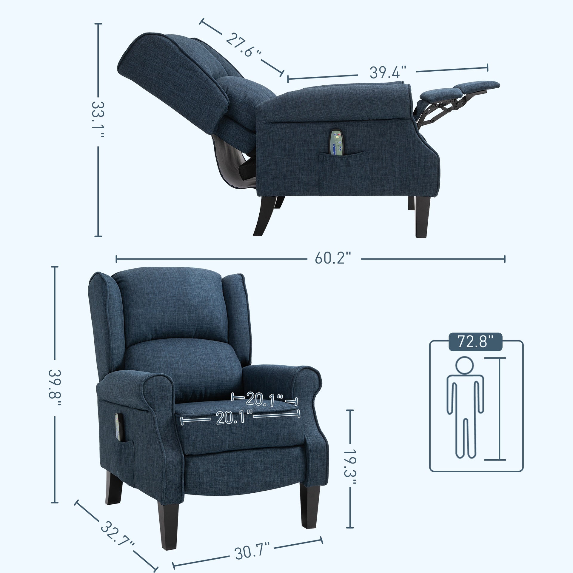 HOMCOM Vibration Massage Recliner Chair for Living Room with Heat,  Wingback Single Sofa, Modern Linen Fabric Push Back Reclining Chair with Footrest, Side Pocket,  Dark Blue