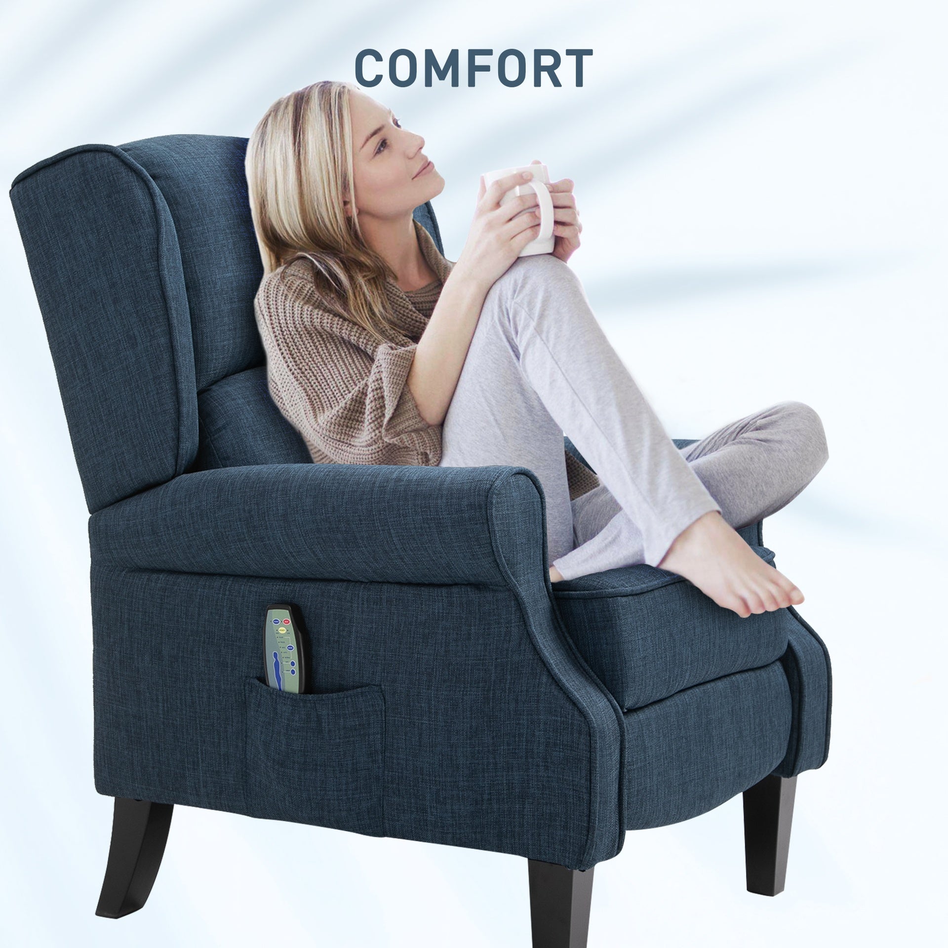 HOMCOM Vibration Massage Recliner Chair for Living Room with Heat,  Wingback Single Sofa, Modern Linen Fabric Push Back Reclining Chair with Footrest, Side Pocket,  Dark Blue