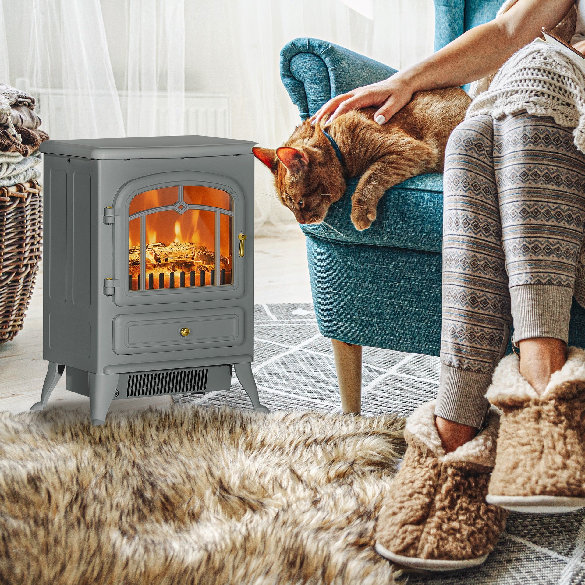 HOMCOM Fireplace Stove, Electric Fireplace Heater with Realistic LED Flames and Logs, 725W/1450W, Gray