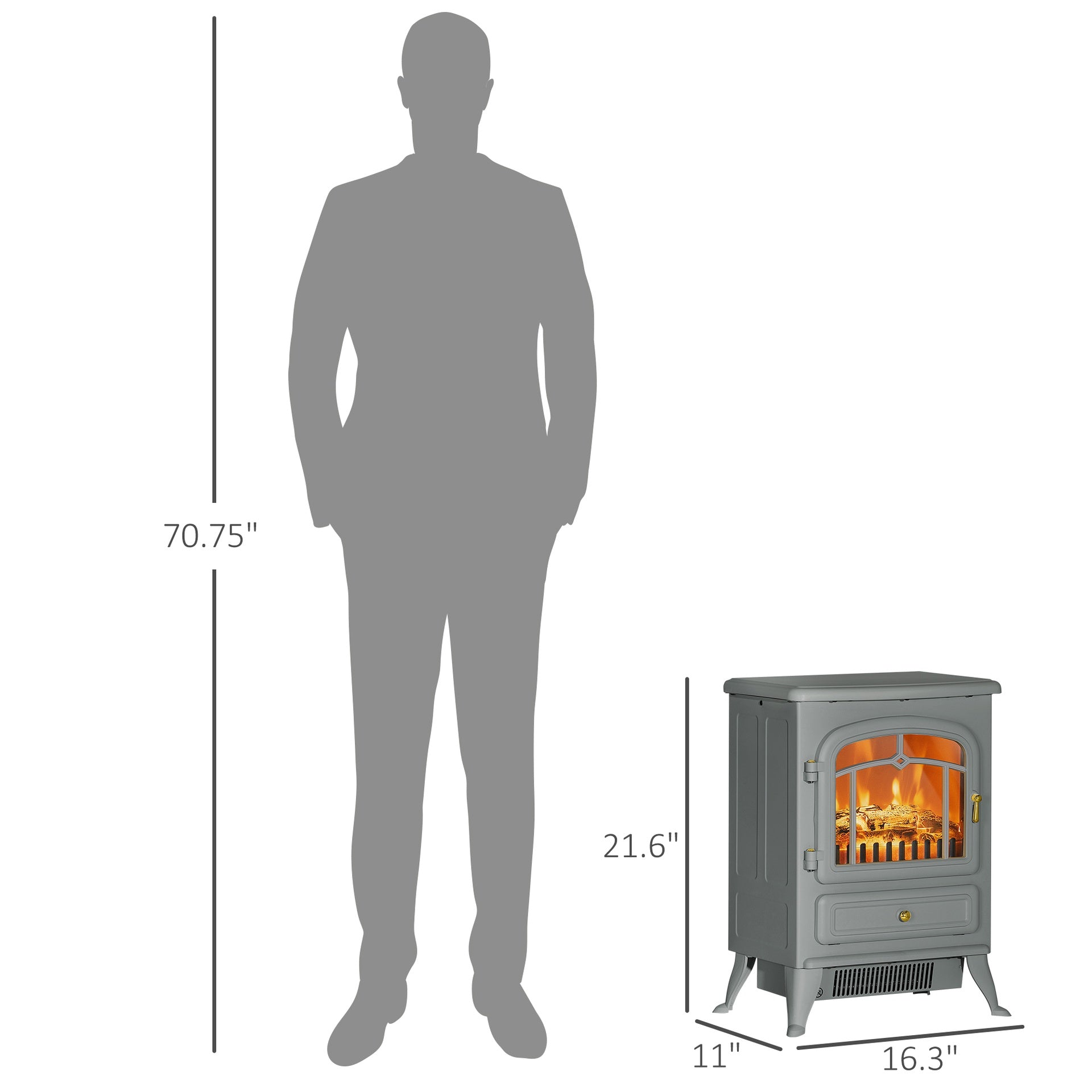 HOMCOM Fireplace Stove, Electric Fireplace Heater with Realistic LED Flames and Logs, 725W/1450W, Gray