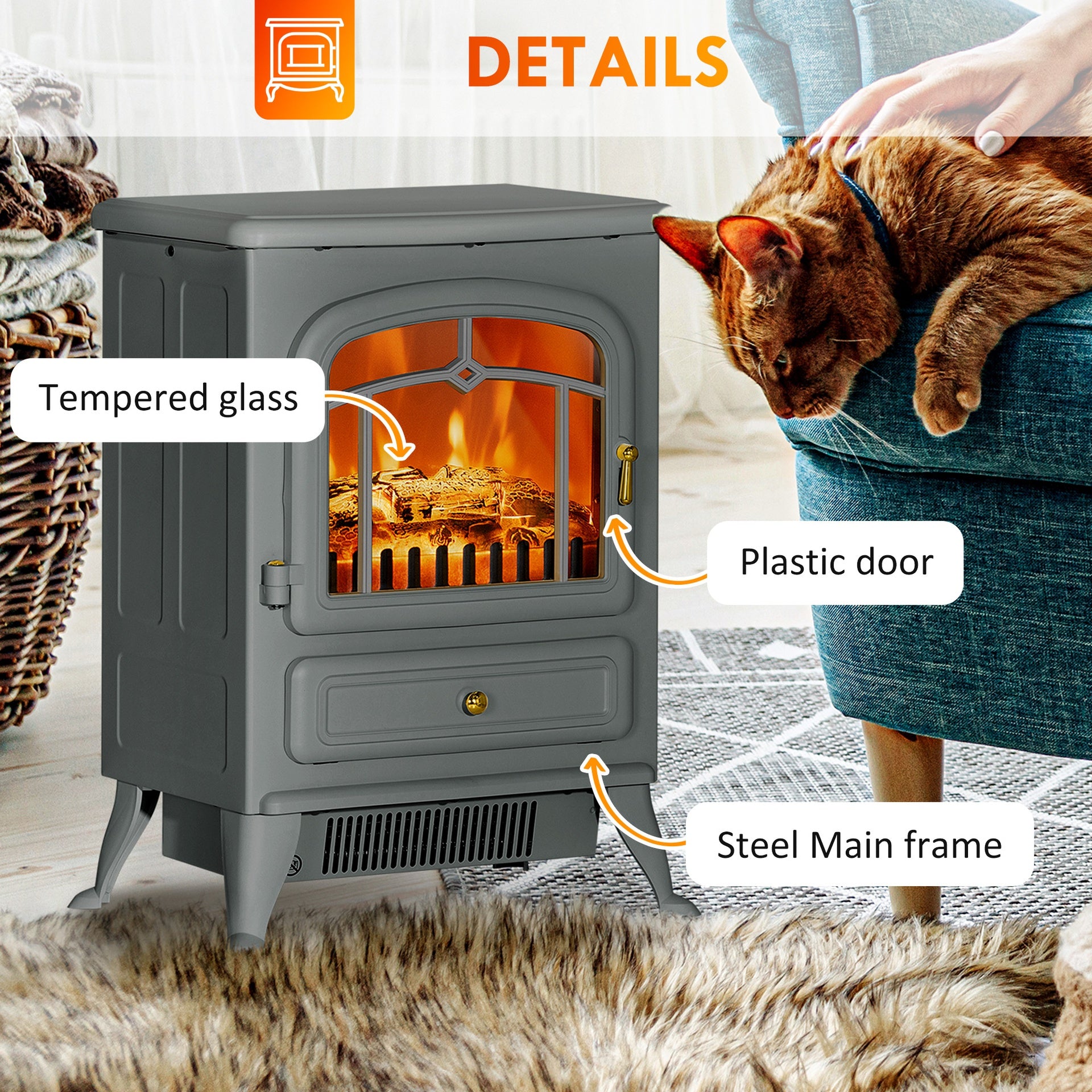 HOMCOM Fireplace Stove, Electric Fireplace Heater with Realistic LED Flames and Logs, 725W/1450W, Gray