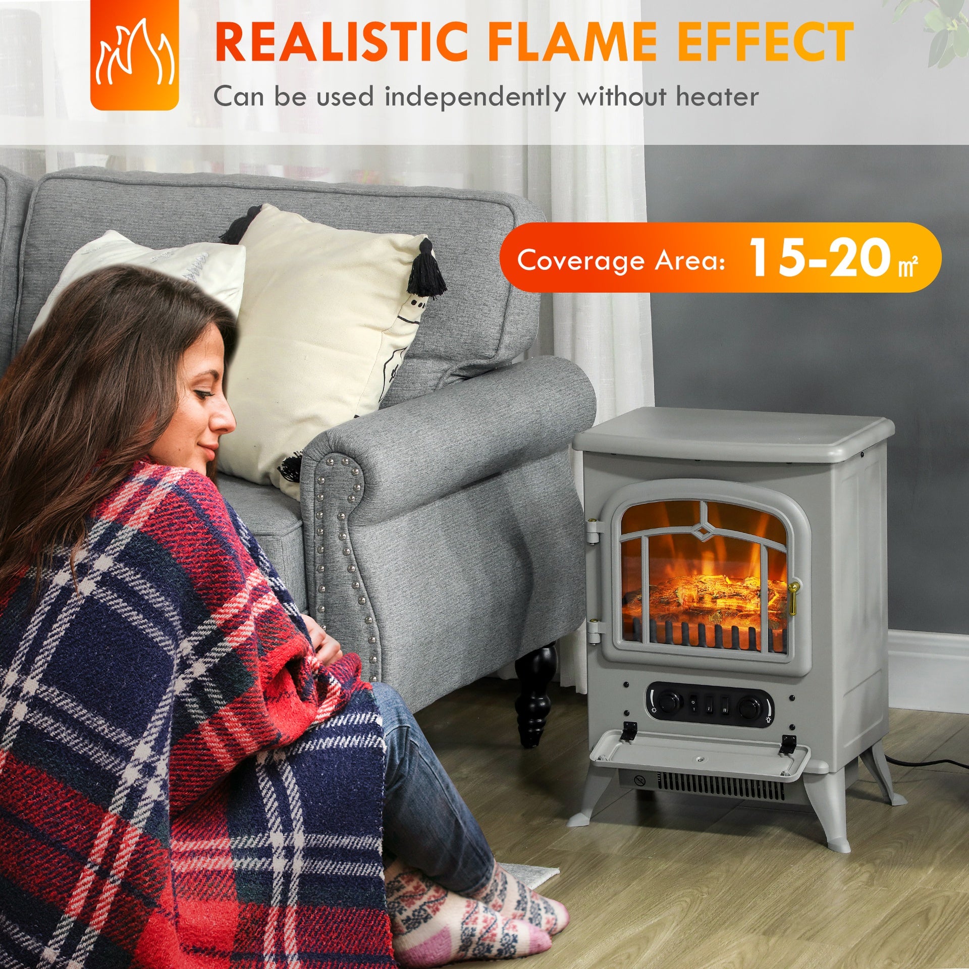 HOMCOM Fireplace Stove, Electric Fireplace Heater with Realistic LED Flames and Logs, 725W/1450W, Gray