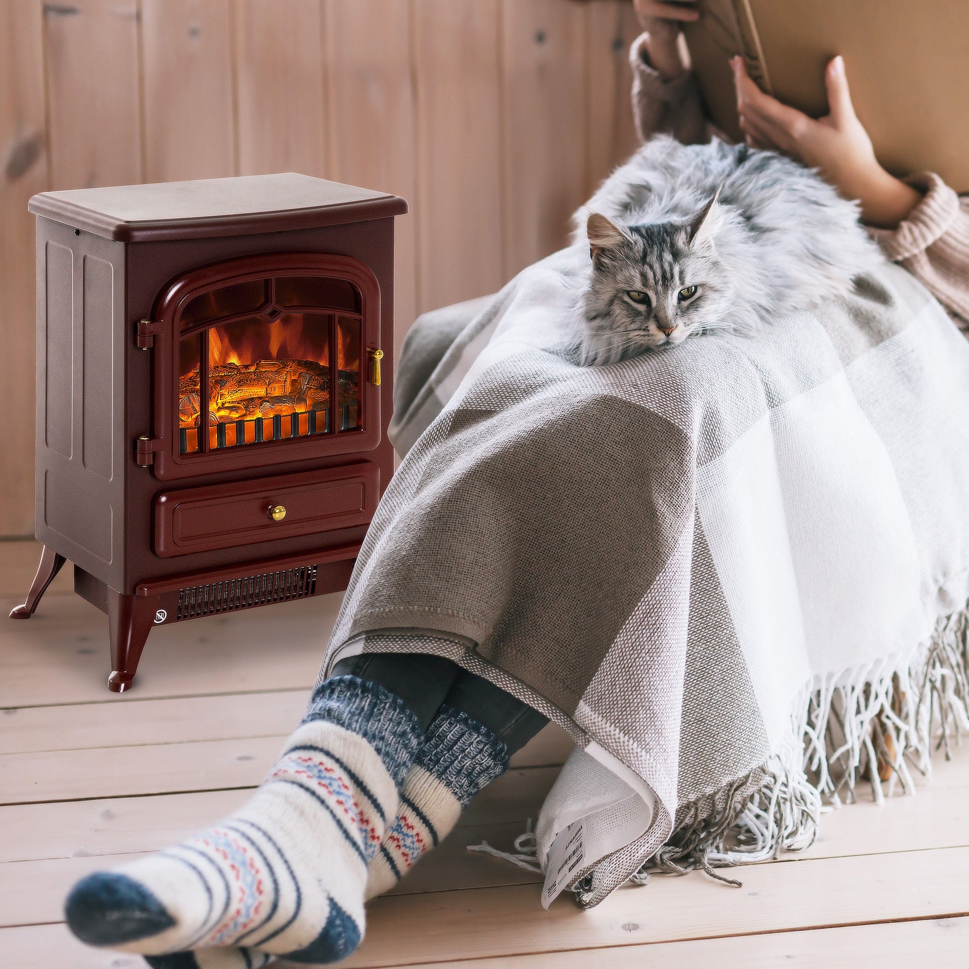 HOMCOM 22" Electric Fireplace Heater, Freestanding Fire Place Stove with Realistic LED Flames and Logs, and Overheating Protection, 725W/1450W, Red