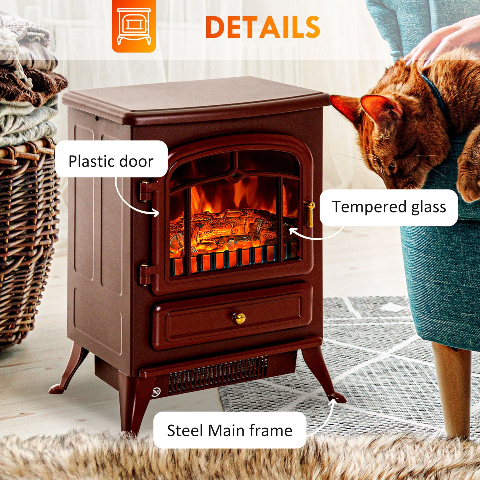HOMCOM 22" Electric Fireplace Heater, Freestanding Fire Place Stove with Realistic LED Flames and Logs, and Overheating Protection, 725W/1450W, Red