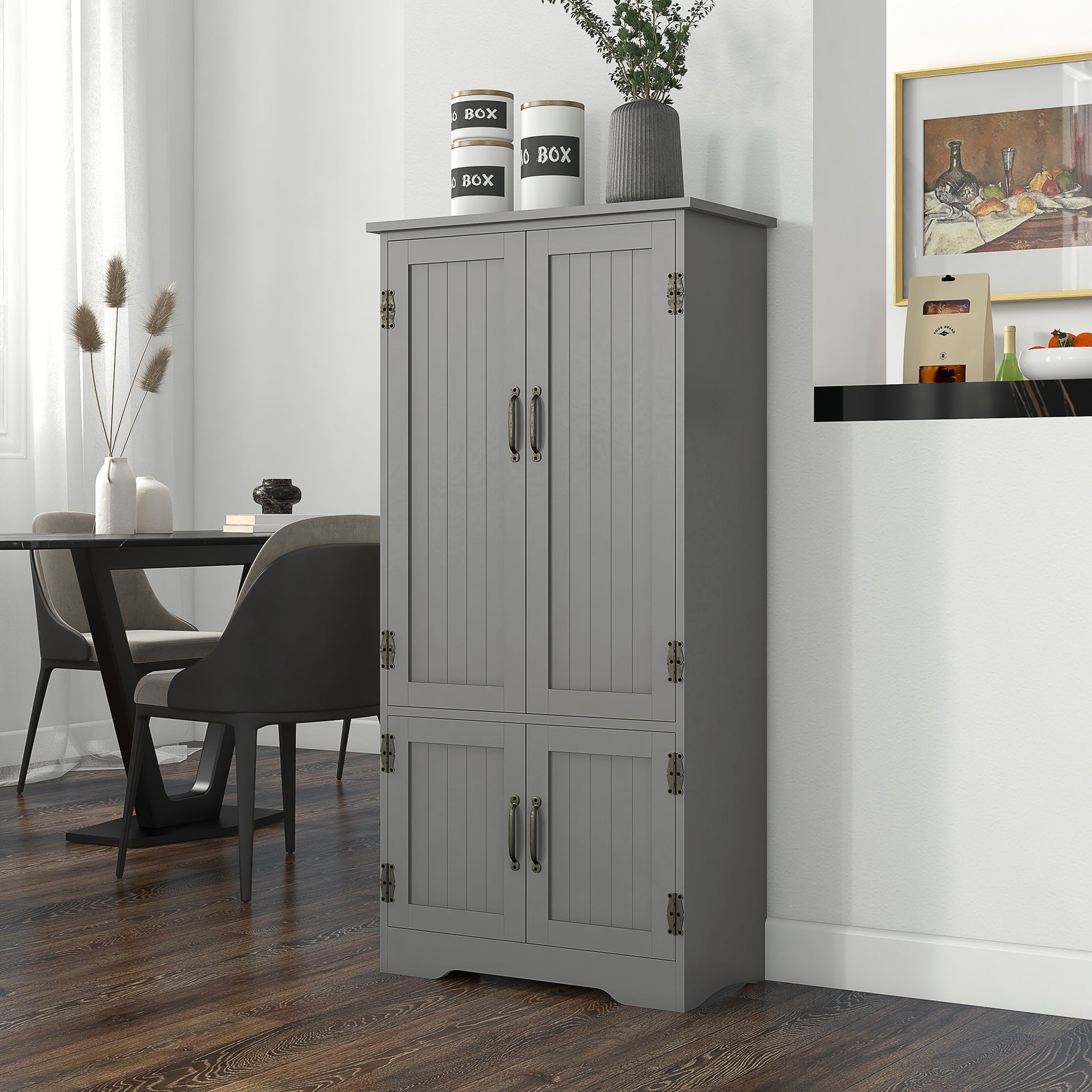 HOMCOM Accent Floor Storage Cabinet Kitchen Pantry with Adjustable Shelves and 2 Lower Doors, Gray
