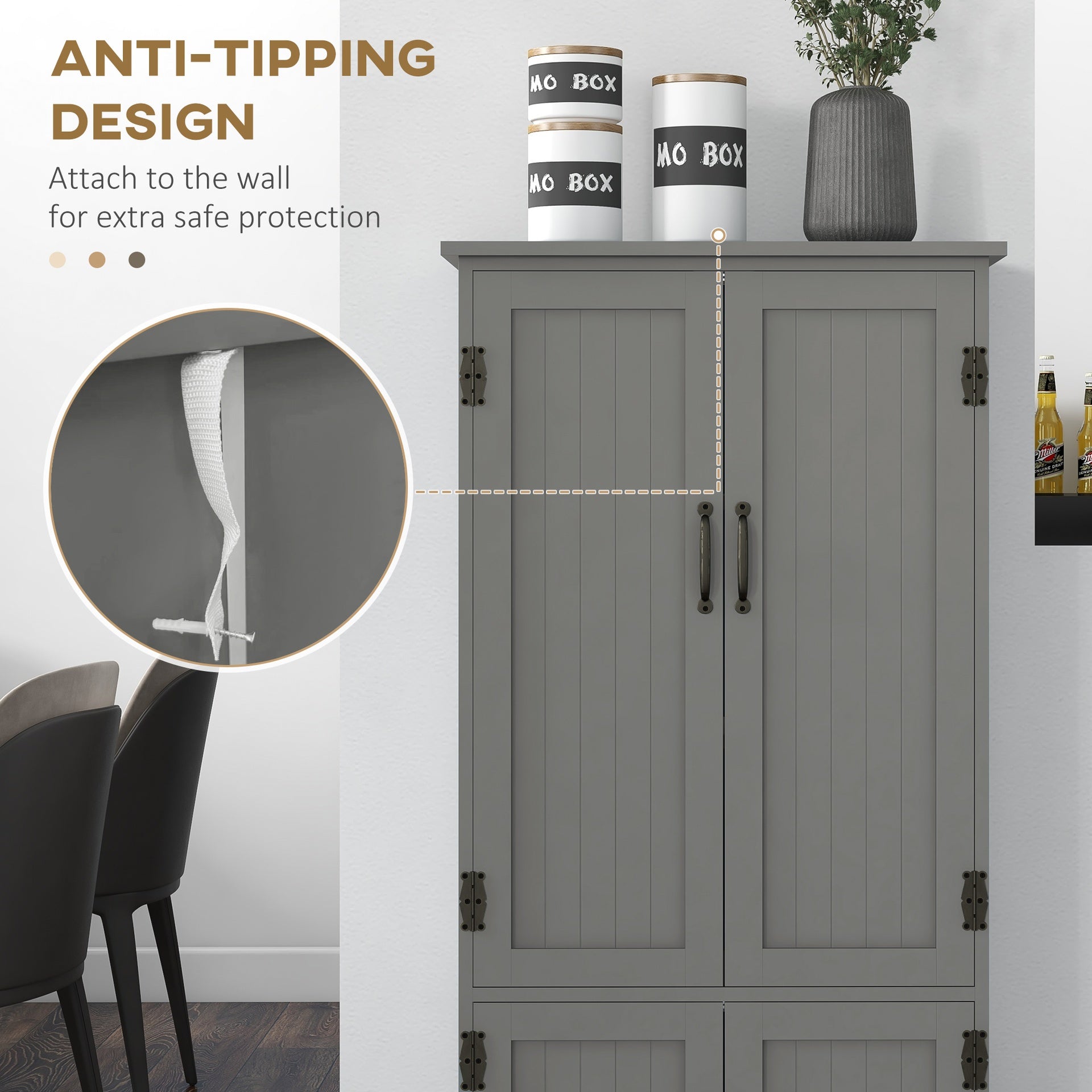 HOMCOM Accent Floor Storage Cabinet Kitchen Pantry with Adjustable Shelves and 2 Lower Doors, Gray