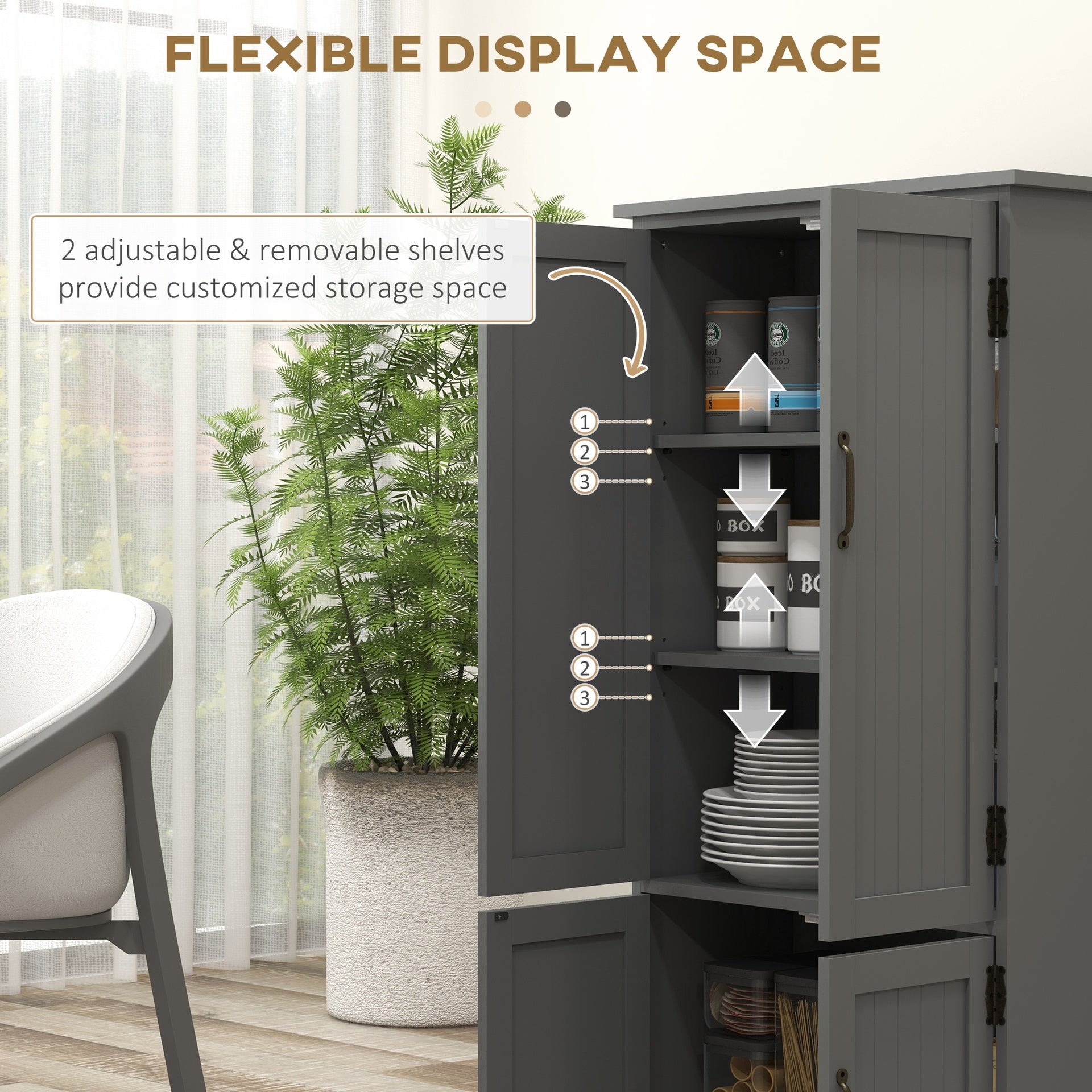 HOMCOM Accent Floor Storage Cabinet Kitchen Pantry with Adjustable Shelves and 2 Lower Doors, Gray