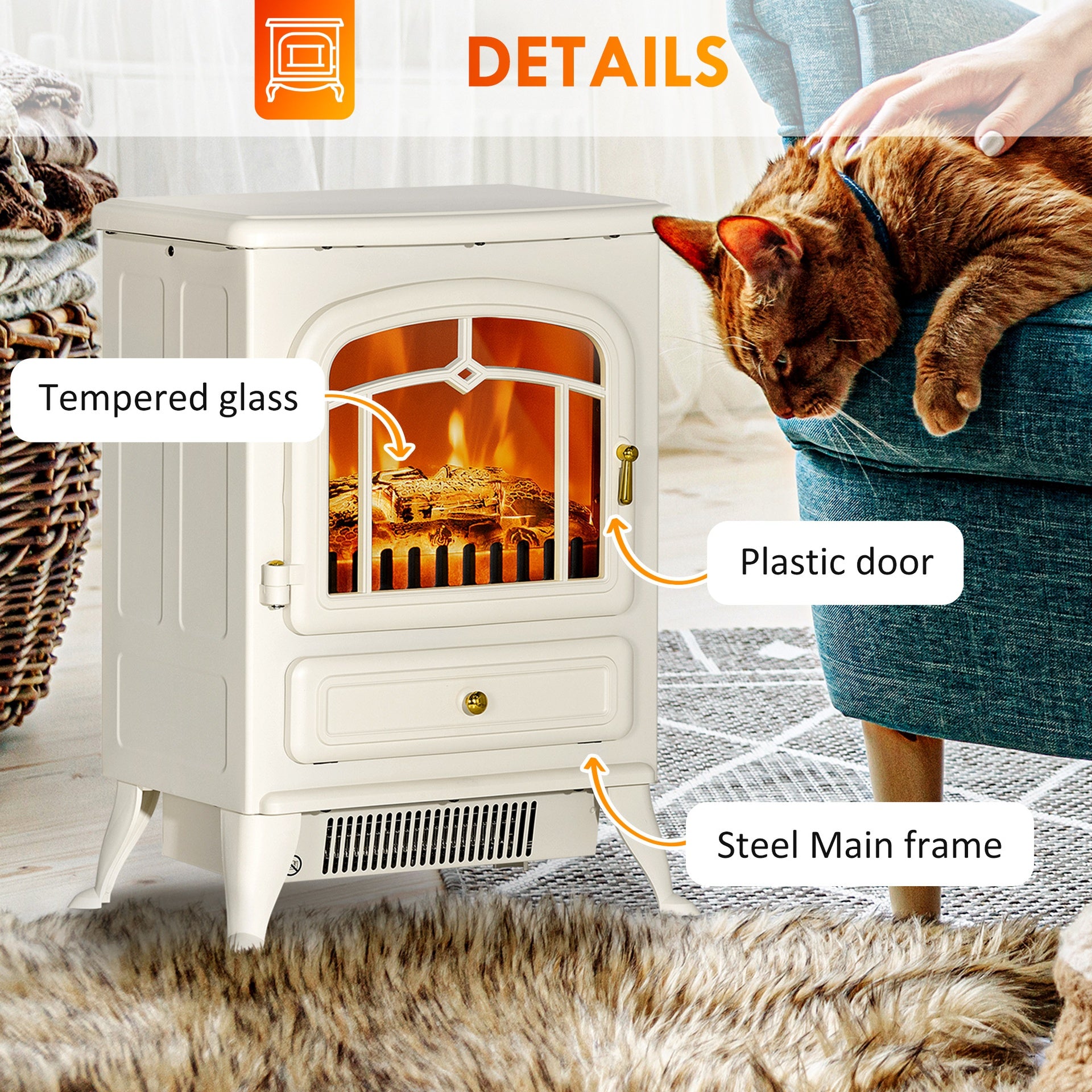 HOMCOM Fireplace Stove, Electric Fireplace Heater with Realistic LED Flames and Logs, 725W/1450W, Beige