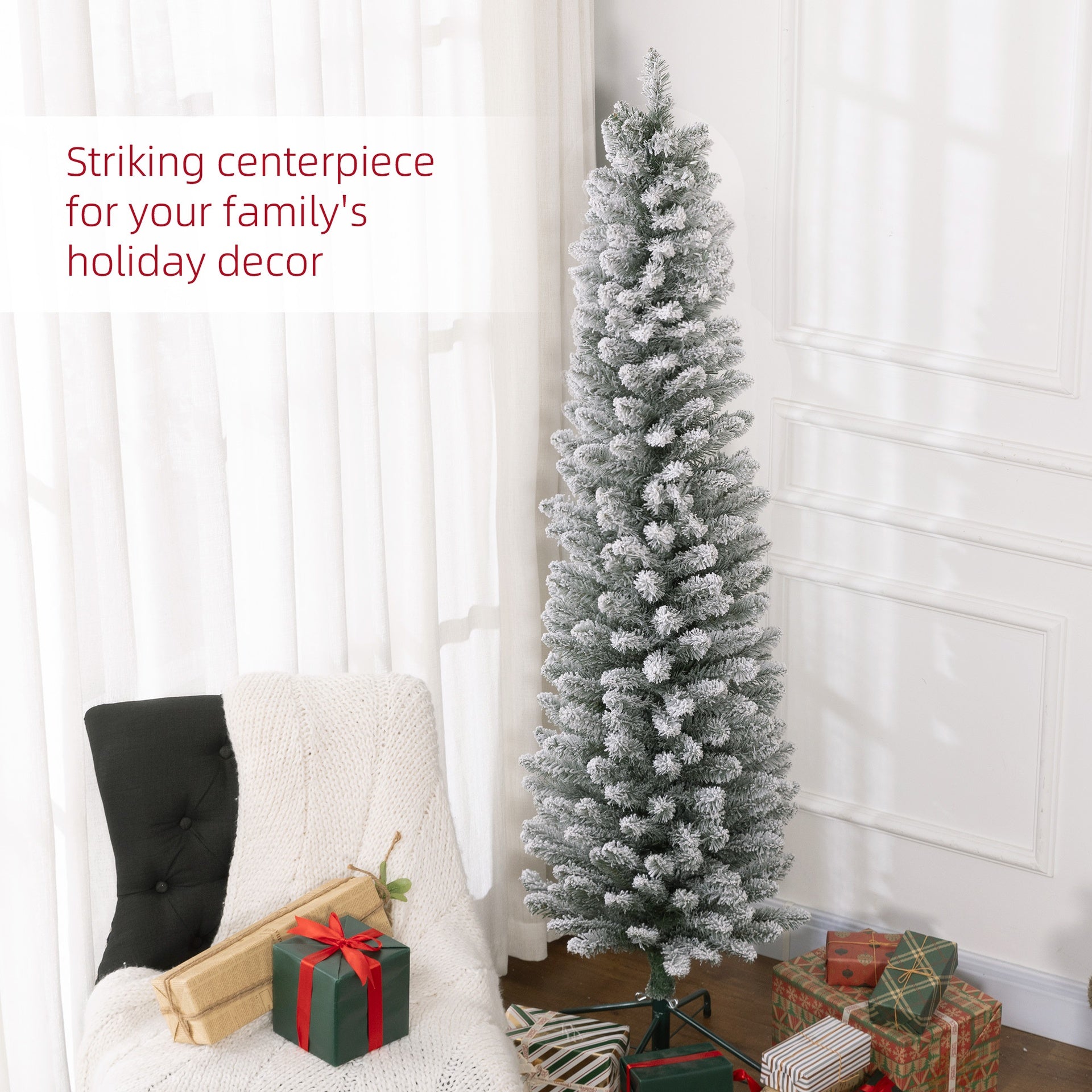 HOMCOM 6ft Artificial Christmas Tree, Snow Flocked Branches, Metal Base, Pencil Xmas Tree