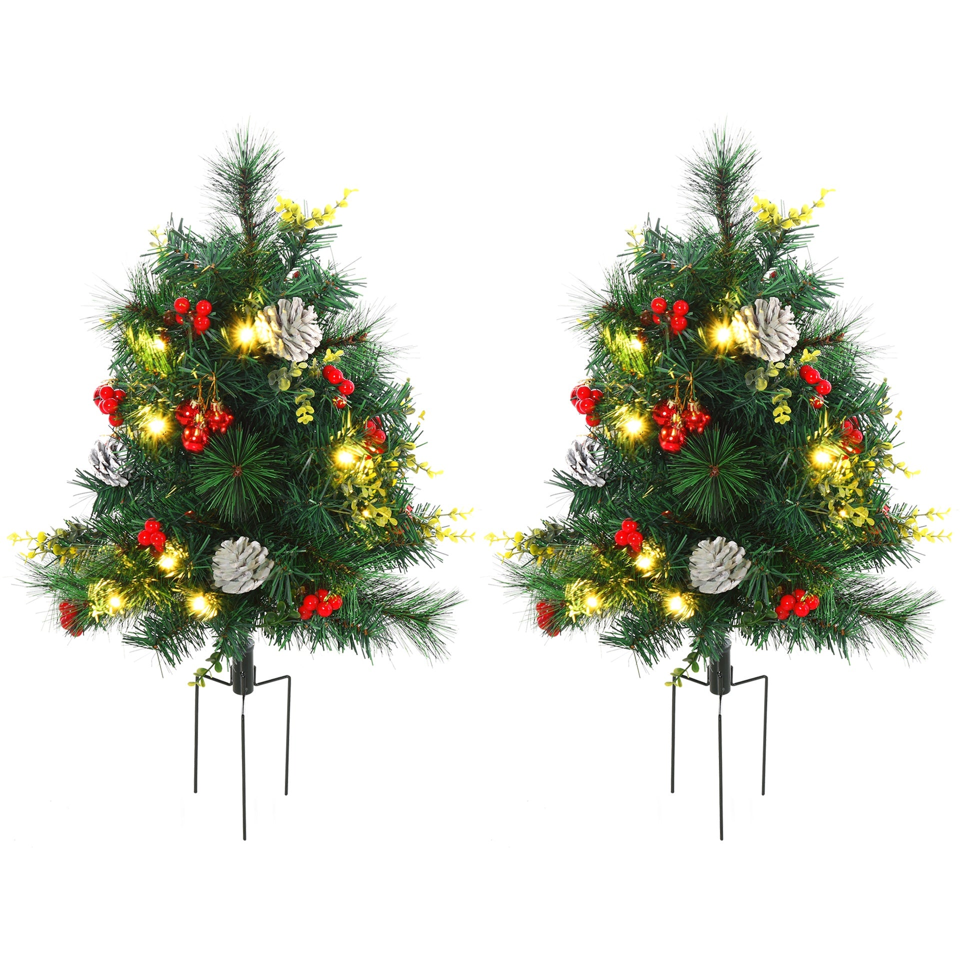 HOMCOM 24in Christmas Tree 2-Pack Outdoor Pre-Lit Artificial Pine Cordless with 24 Warm White Lights and Stakes
