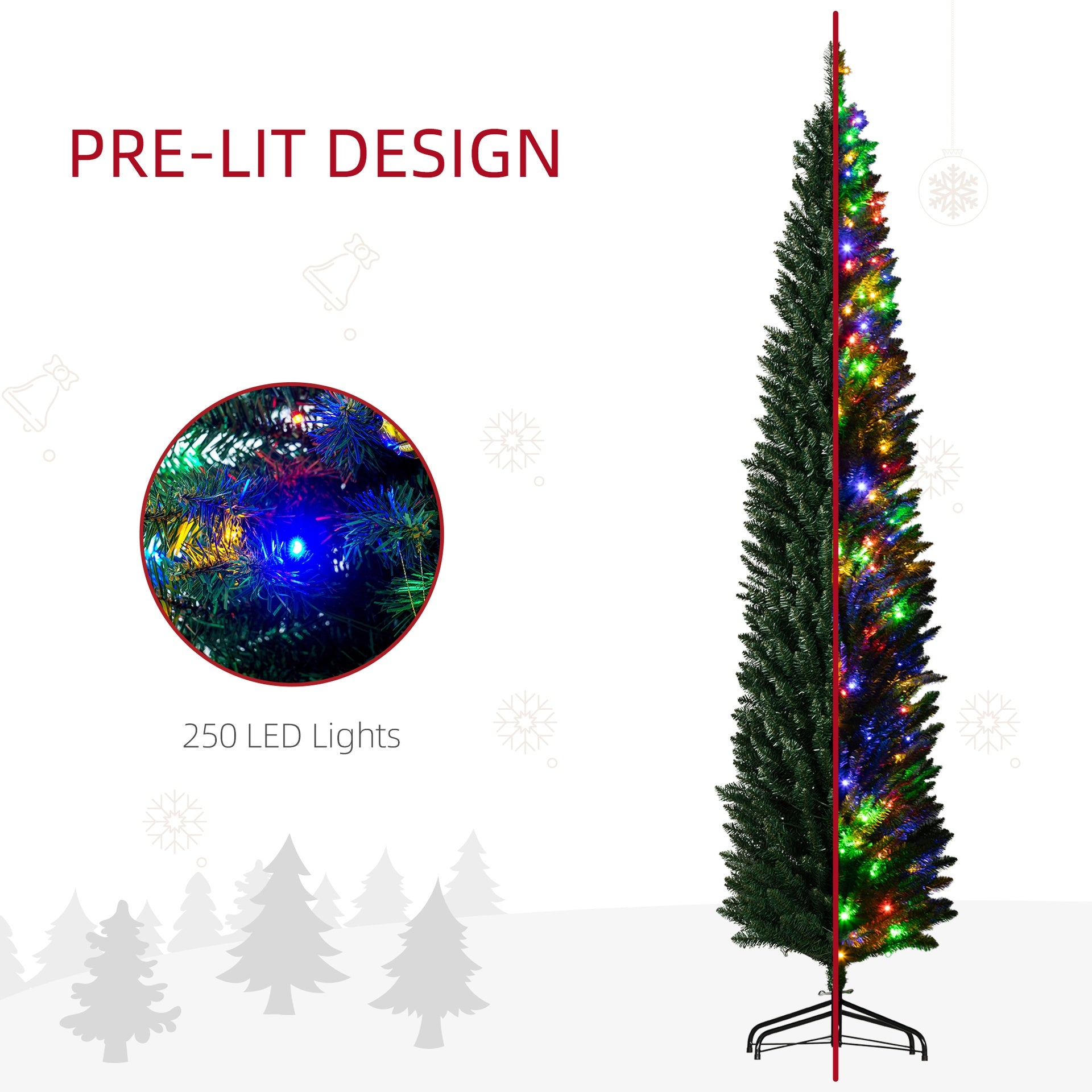 HOMCOM 8' Artificial Pencil Christmas Trees Holiday Decoration with Colorful LED Lights, Steel Base, Skinny Shape