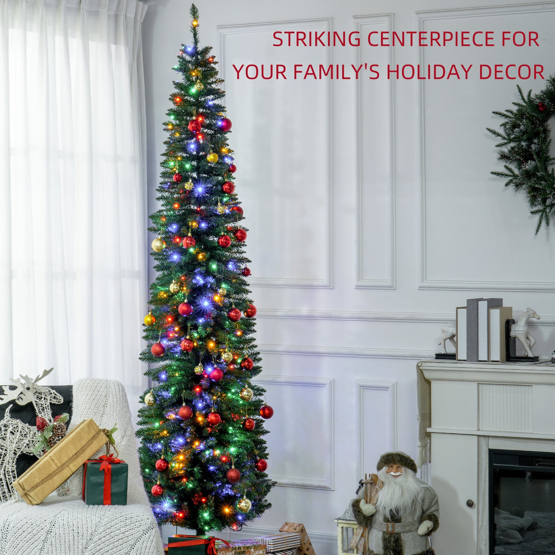 HOMCOM 8' Artificial Pencil Christmas Trees Holiday Decoration with Colorful LED Lights, Steel Base, Skinny Shape