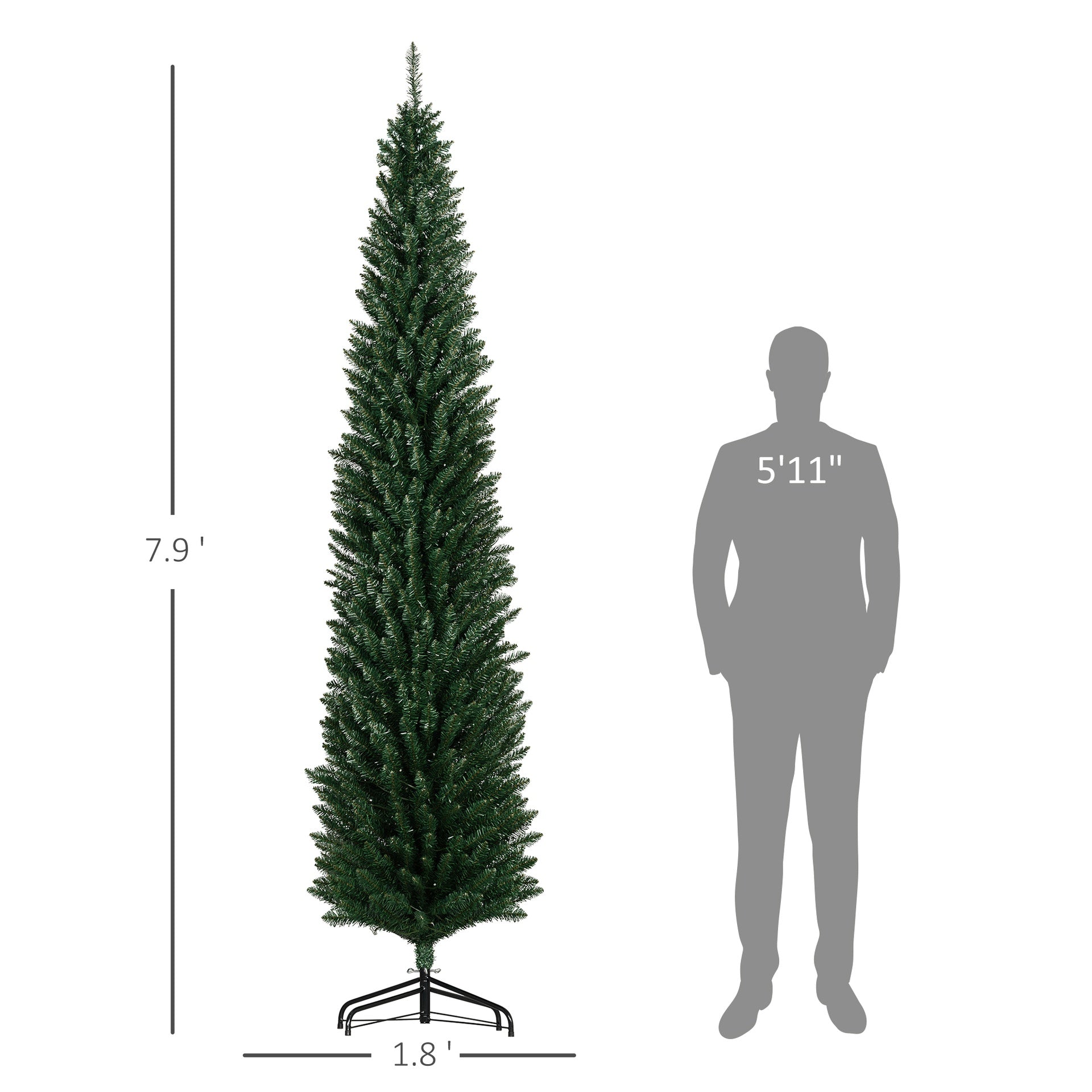 HOMCOM 8' Artificial Pencil Christmas Trees Holiday Decoration with Colorful LED Lights, Steel Base, Skinny Shape