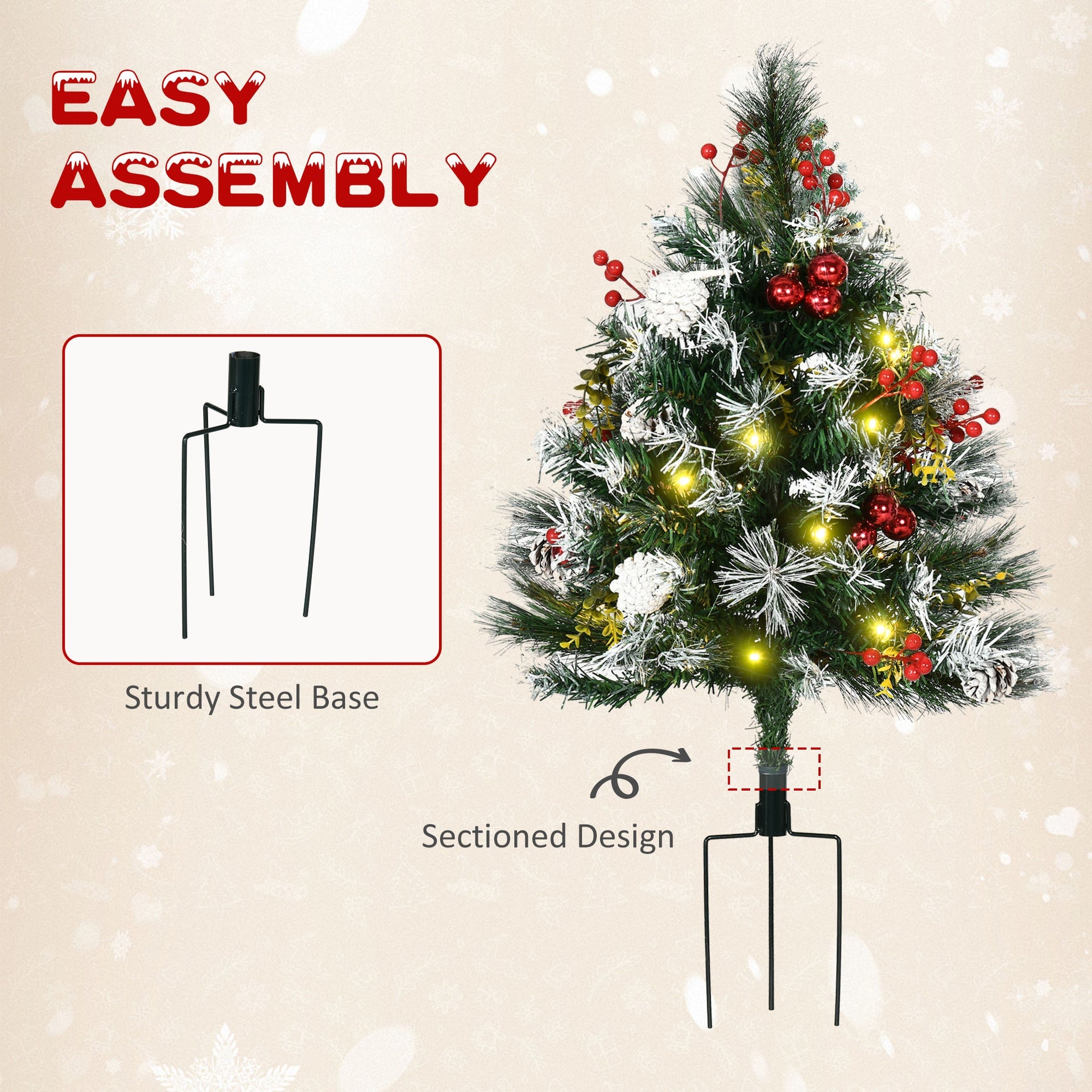 HOMCOM 2.5 Ft/30" 2 Pack Outdoor Entryway Pre-Lit Artificial Christmas Tree Cordless with 70 Branches, Warm White LED lights, Red Berries, Pine Cones, Balls, Green
