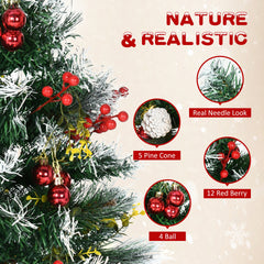 HOMCOM 2.5 Ft/30" 2 Pack Outdoor Entryway Pre-Lit Artificial Christmas Tree Cordless with 70 Branches, Warm White LED lights, Red Berries, Pine Cones, Balls, Green