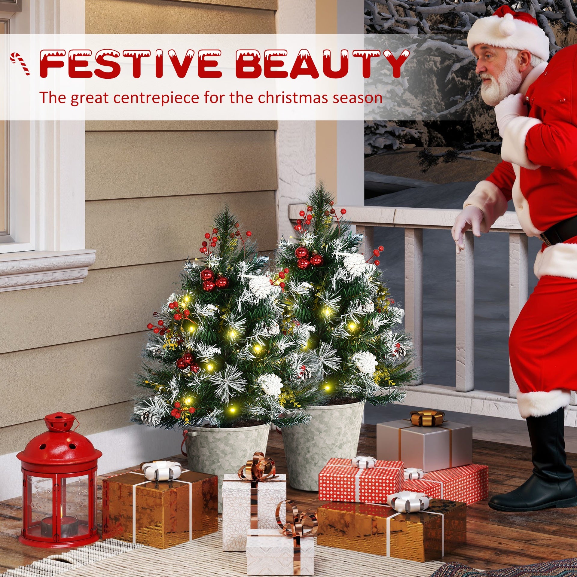 HOMCOM 2.5 Ft/30" 2 Pack Outdoor Entryway Pre-Lit Artificial Christmas Tree Cordless with 70 Branches, Warm White LED lights, Red Berries, Pine Cones, Balls, Green