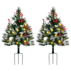 HOMCOM 2.5 Ft/30" 2 Pack Outdoor Entryway Pre-Lit Artificial Christmas Tree Cordless with 70 Branches, Warm White LED lights, Red Berries, Pine Cones, Balls, Green