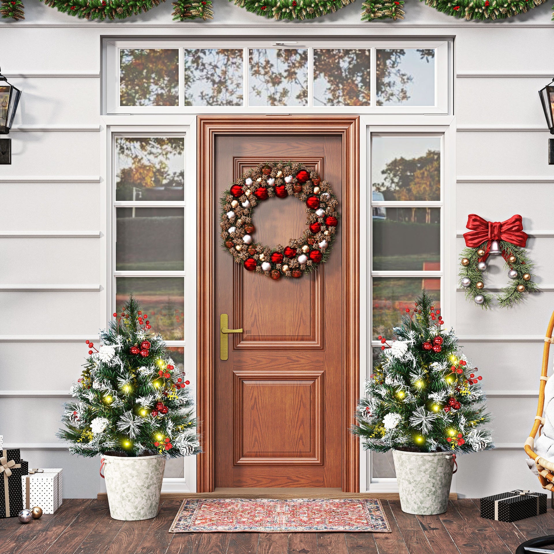 HOMCOM 2.5 Ft/30" 2 Pack Outdoor Entryway Pre-Lit Artificial Christmas Tree Cordless with 70 Branches, Warm White LED lights, Red Berries, Pine Cones, Balls, Green