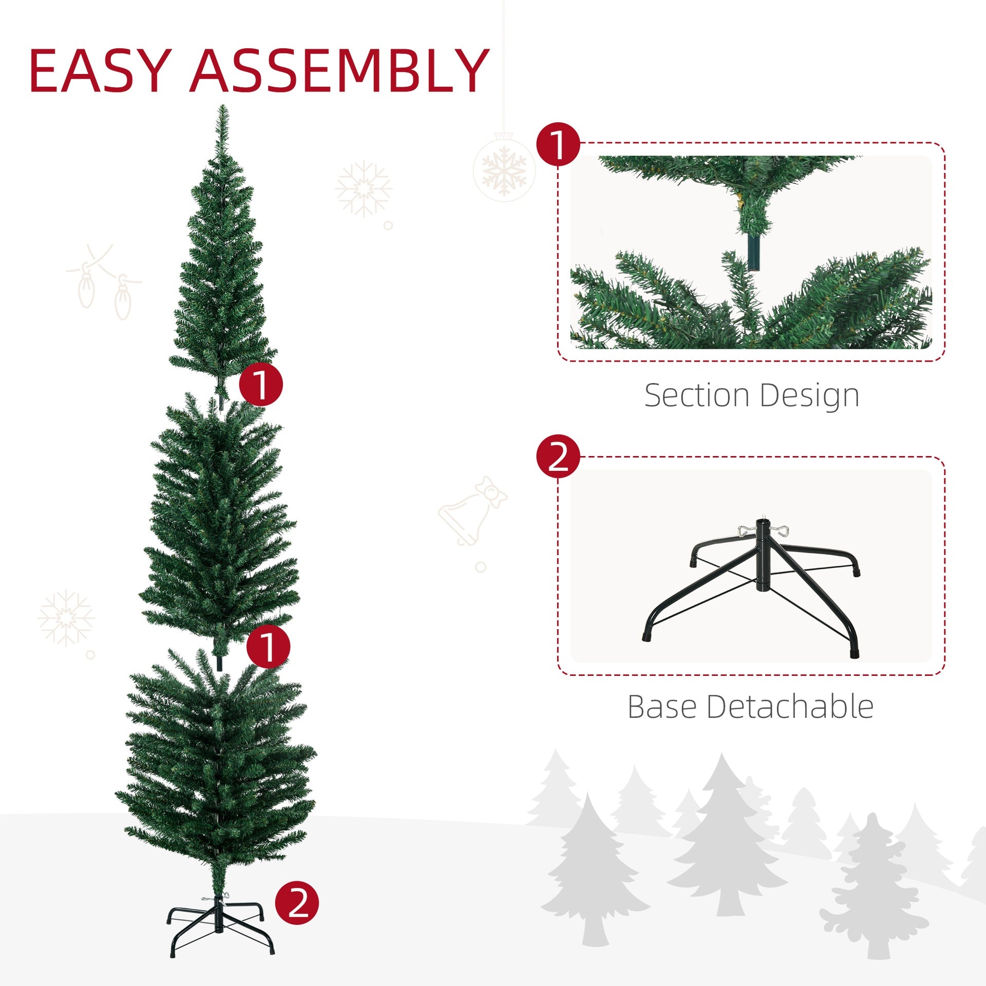 HOMCOM 7' Artificial Pencil Christmas Trees Holiday Decoration with Colorful LED Lights, Steel Base, Skinny Shape
