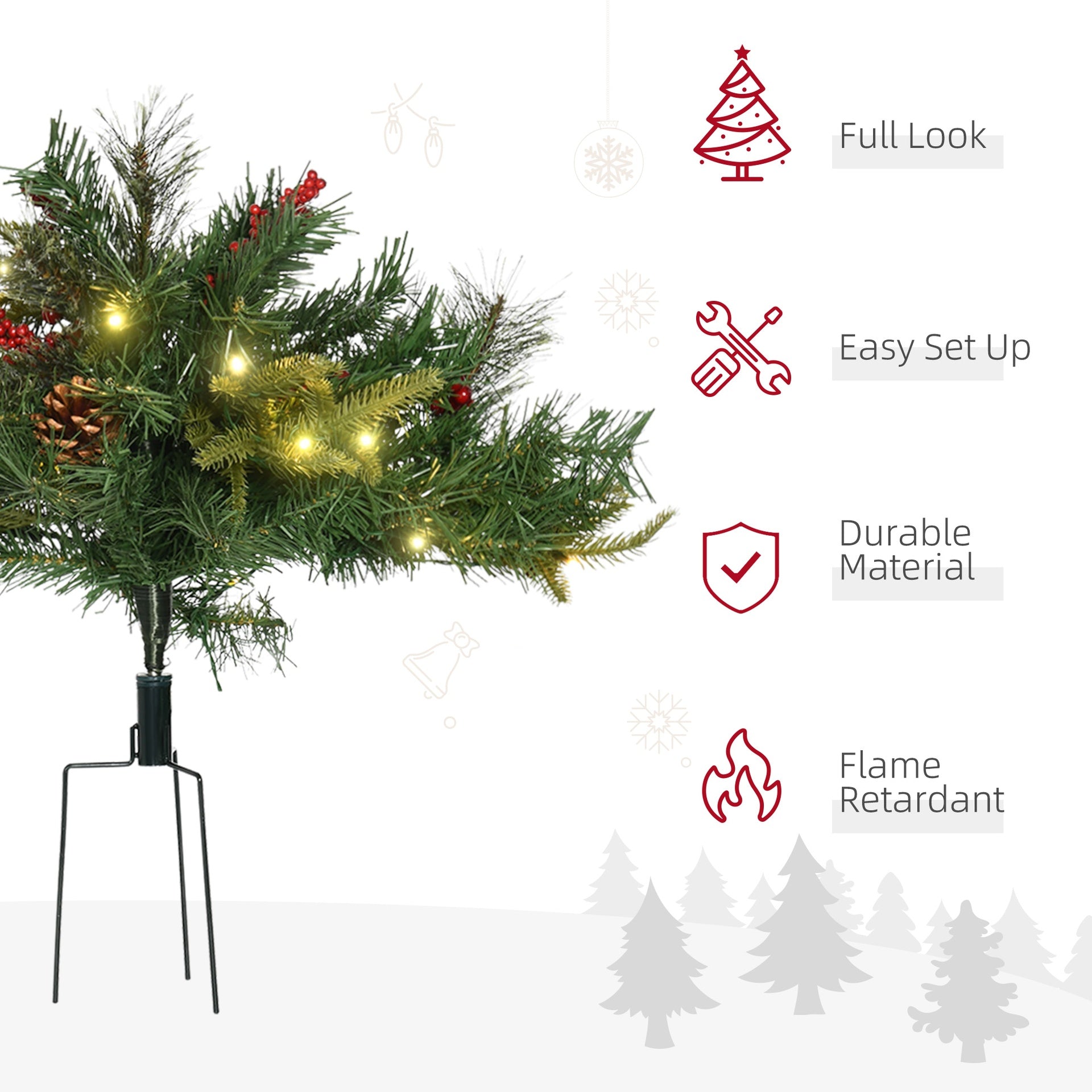 HOMCOM 2 Ft/22 inch 2 Pack Prelit Artificial Christmas Tree Cordless with 69 Branches, Warm White LED Lights, Red Berries, Pine Cones, for Outdoor Entryway, Green