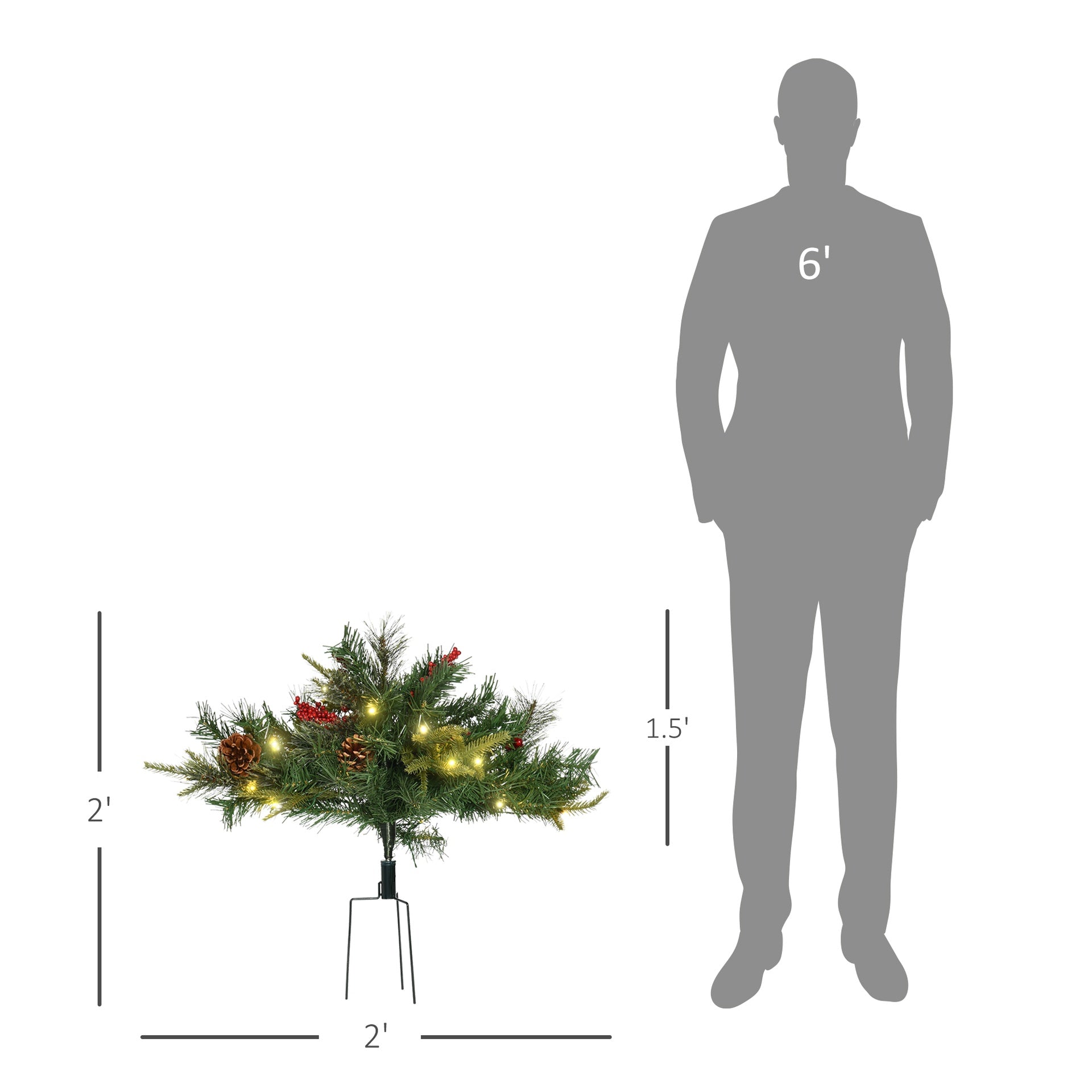 HOMCOM 2 Ft/22 inch 2 Pack Prelit Artificial Christmas Tree Cordless with 69 Branches, Warm White LED Lights, Red Berries, Pine Cones, for Outdoor Entryway, Green