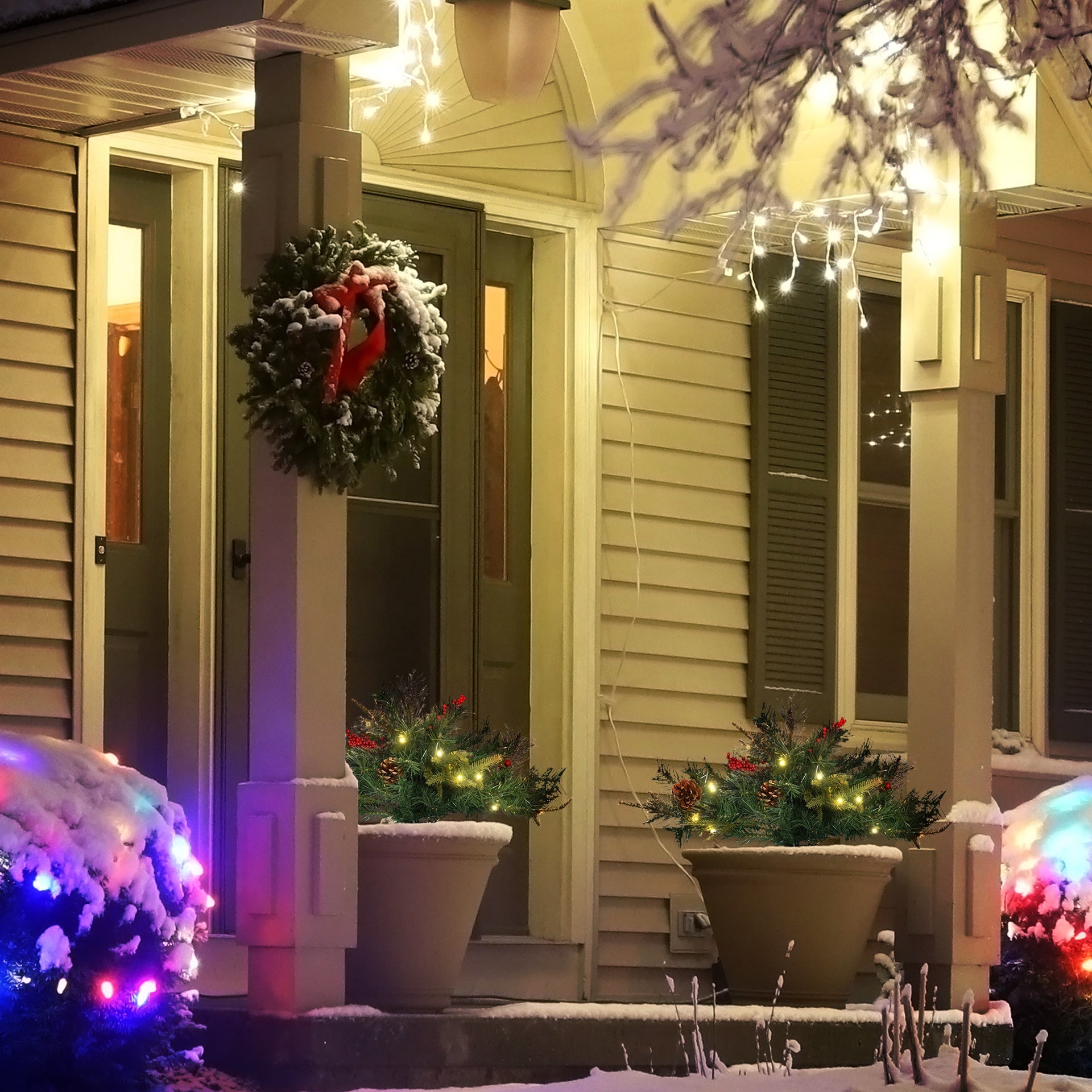 HOMCOM 2 Ft/22 inch 2 Pack Prelit Artificial Christmas Tree Cordless with 69 Branches, Warm White LED Lights, Red Berries, Pine Cones, for Outdoor Entryway, Green