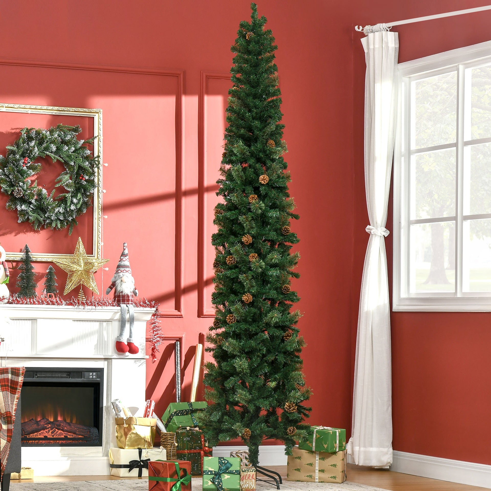HOMCOM 9.5ft Pencil Christmas Tree, Slim Xmas Tree with Realistic Branches, Pine Cones and Metal Base, Green