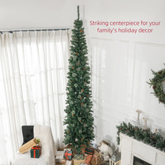 HOMCOM 9.5ft Pencil Christmas Tree, Slim Xmas Tree with Realistic Branches, Pine Cones and Metal Base, Green